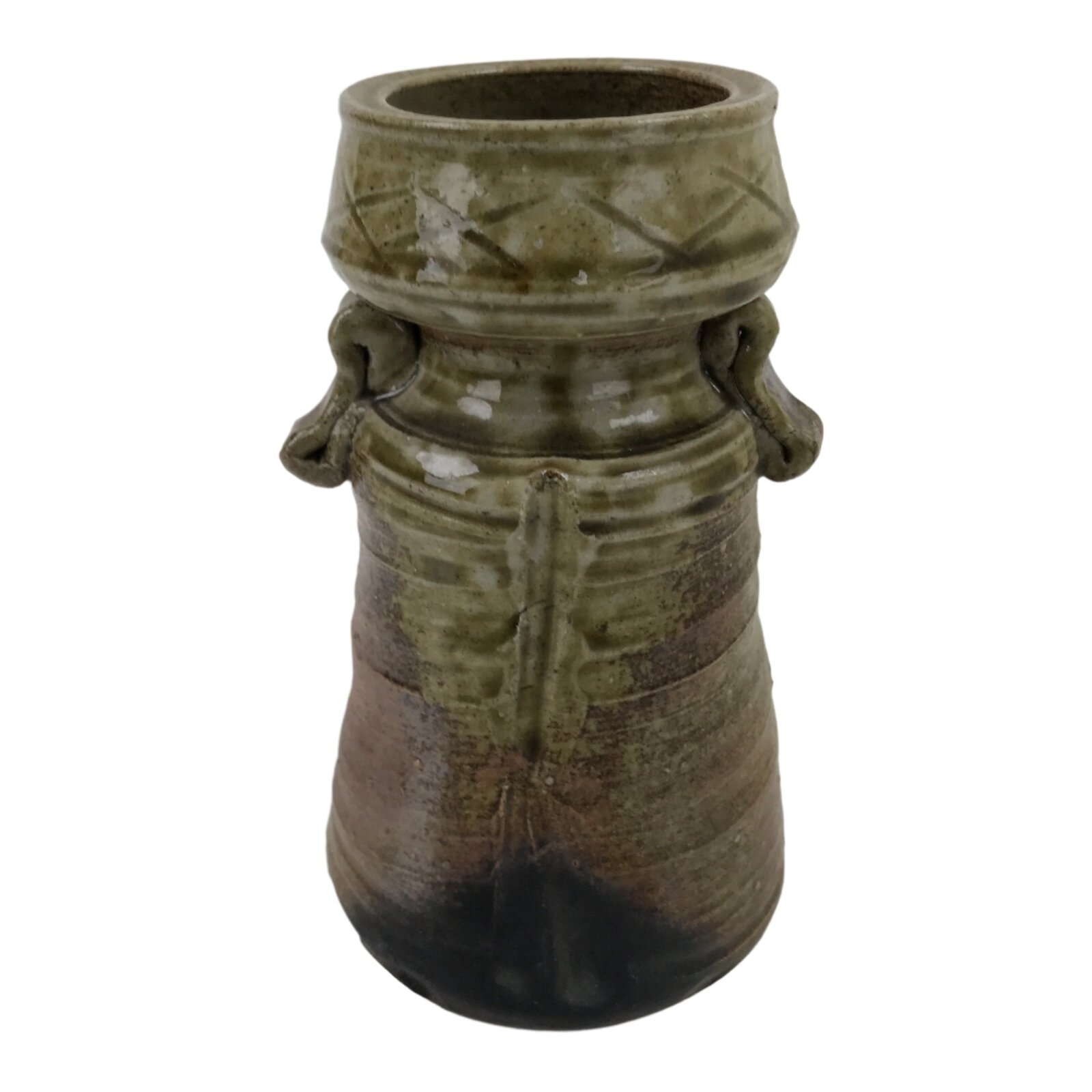 Japanese Ceramic Flower Vase Vtg Shigaraki ware Brown Green Kabin FK149