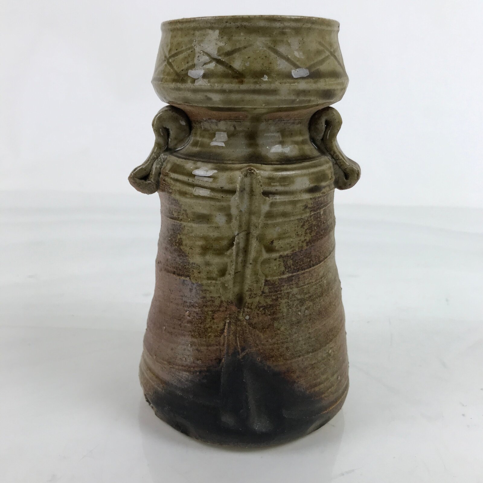 Japanese Ceramic Flower Vase Vtg Shigaraki ware Brown Green Kabin FK149