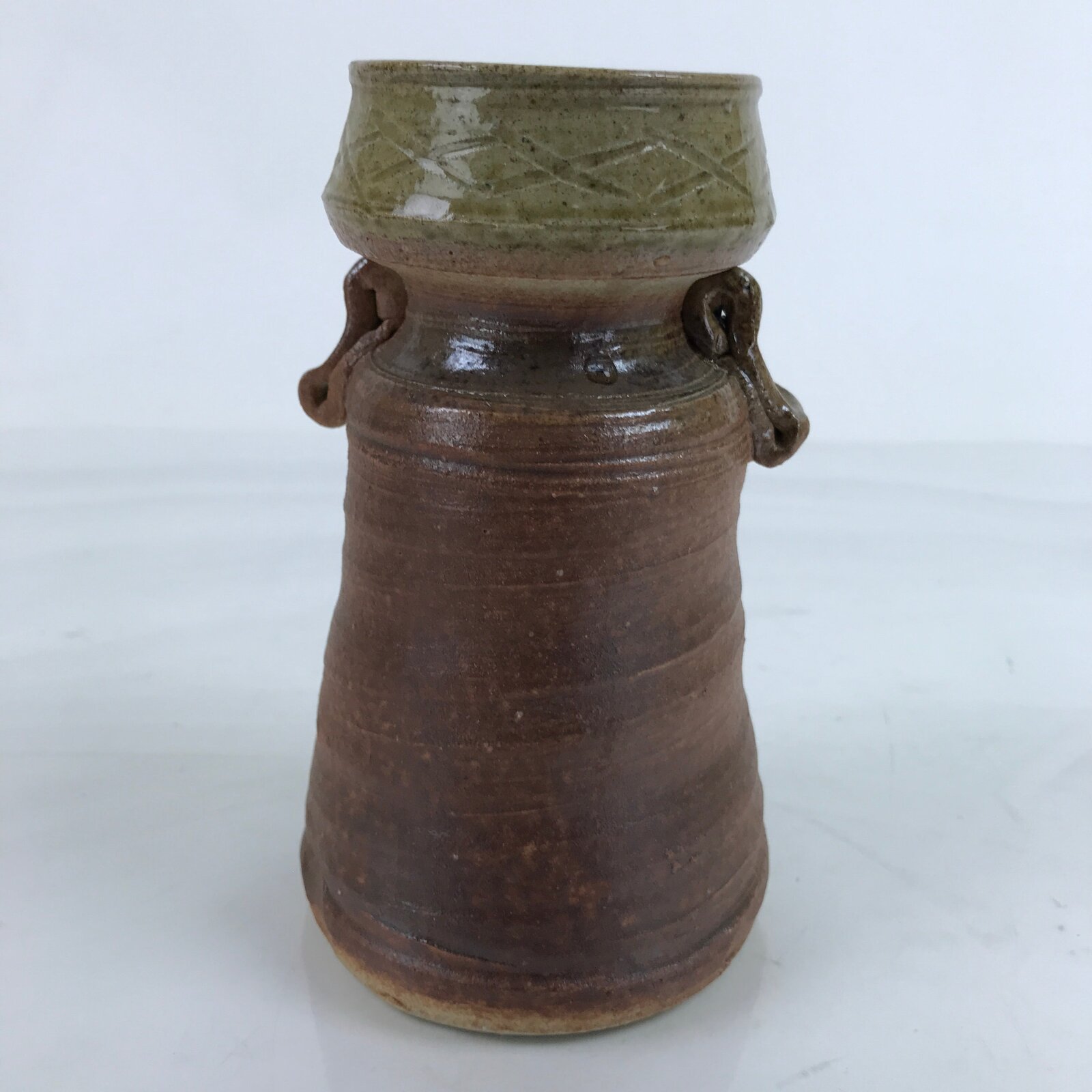 Japanese Ceramic Flower Vase Vtg Shigaraki ware Brown Green Kabin FK149
