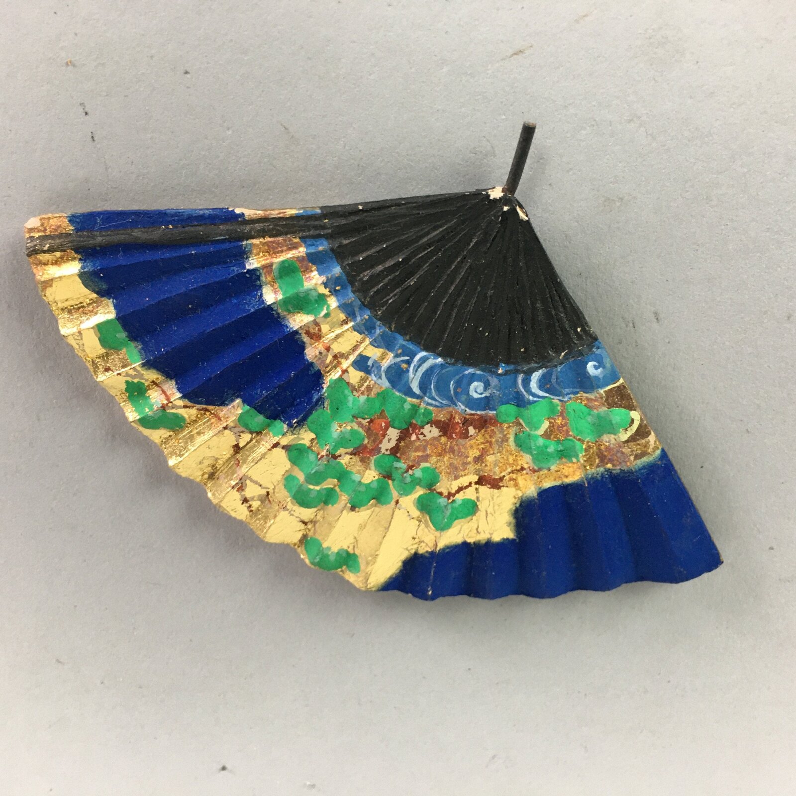 Japanese Ceramic Folding fan Vtg Okimono Decoration Gold Blue JK189