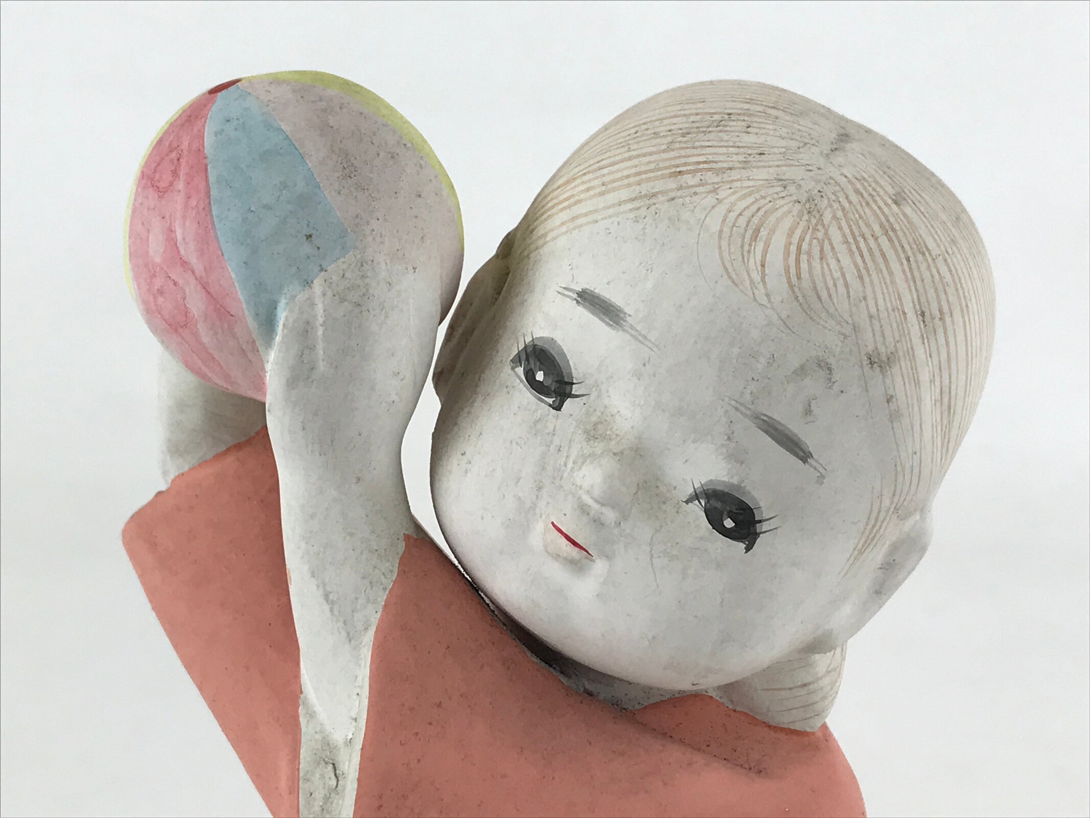 Japanese Ceramic Girl Playing Ball Figurine Vtg Pink Dress Black Stand BD926