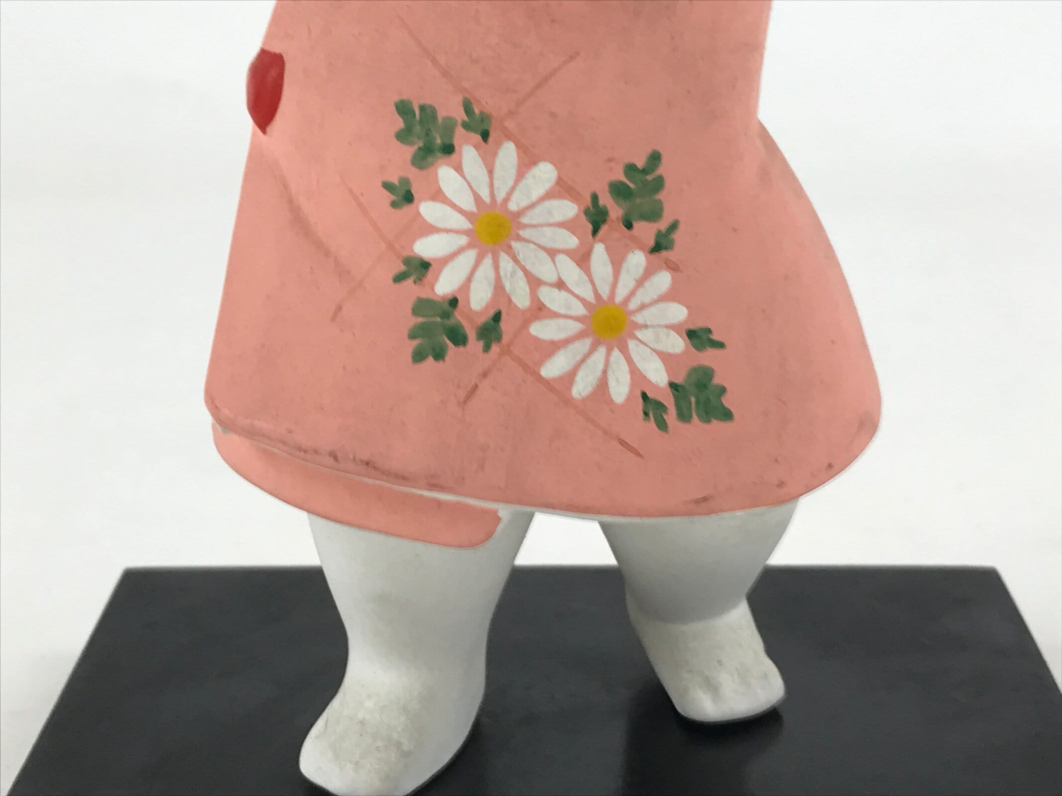 Japanese Ceramic Girl Playing Ball Figurine Vtg Pink Dress Black Stand BD926