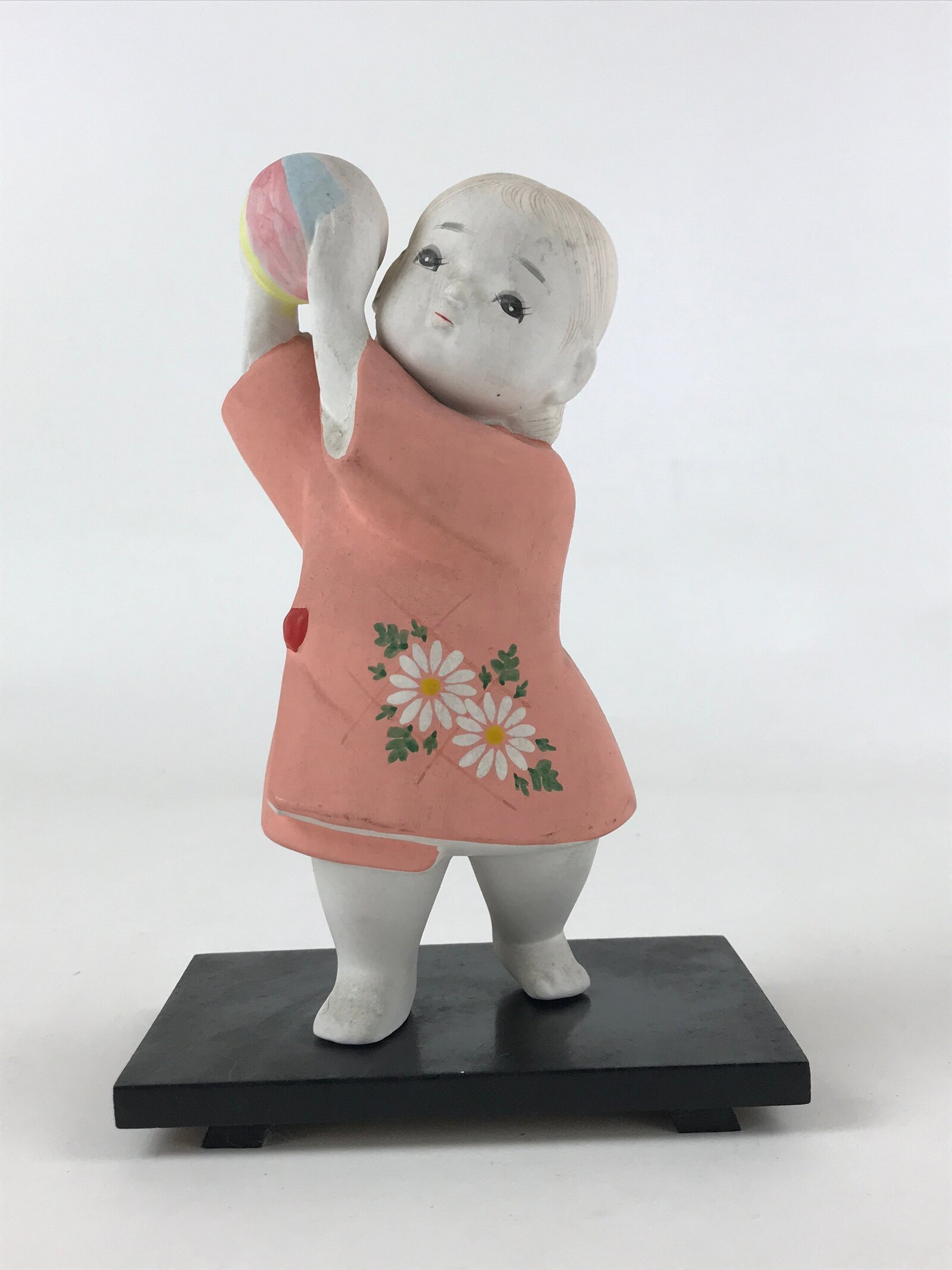 Japanese Ceramic Girl Playing Ball Figurine Vtg Pink Dress Black Stand BD926
