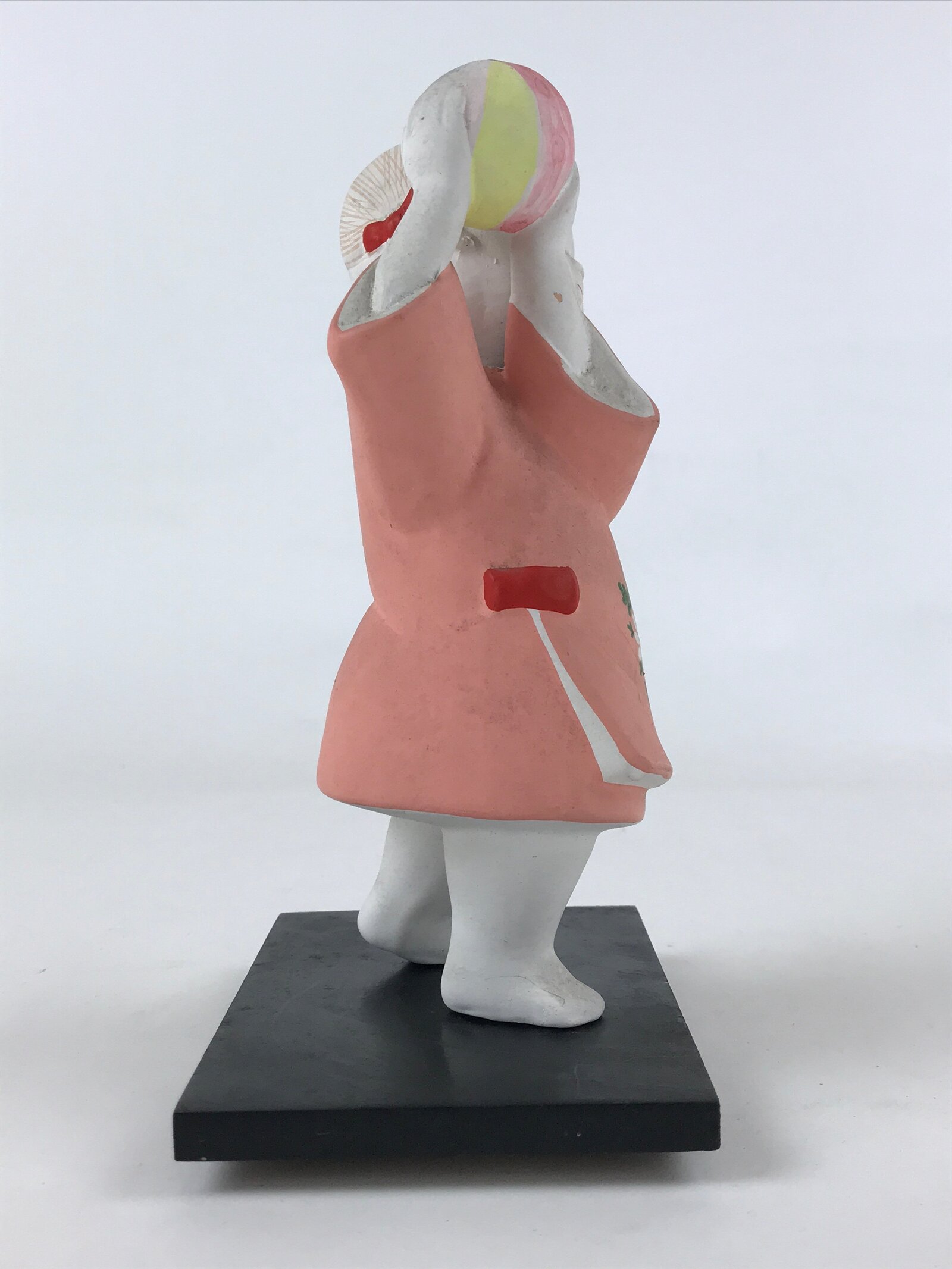 Japanese Ceramic Girl Playing Ball Figurine Vtg Pink Dress Black Stand BD926