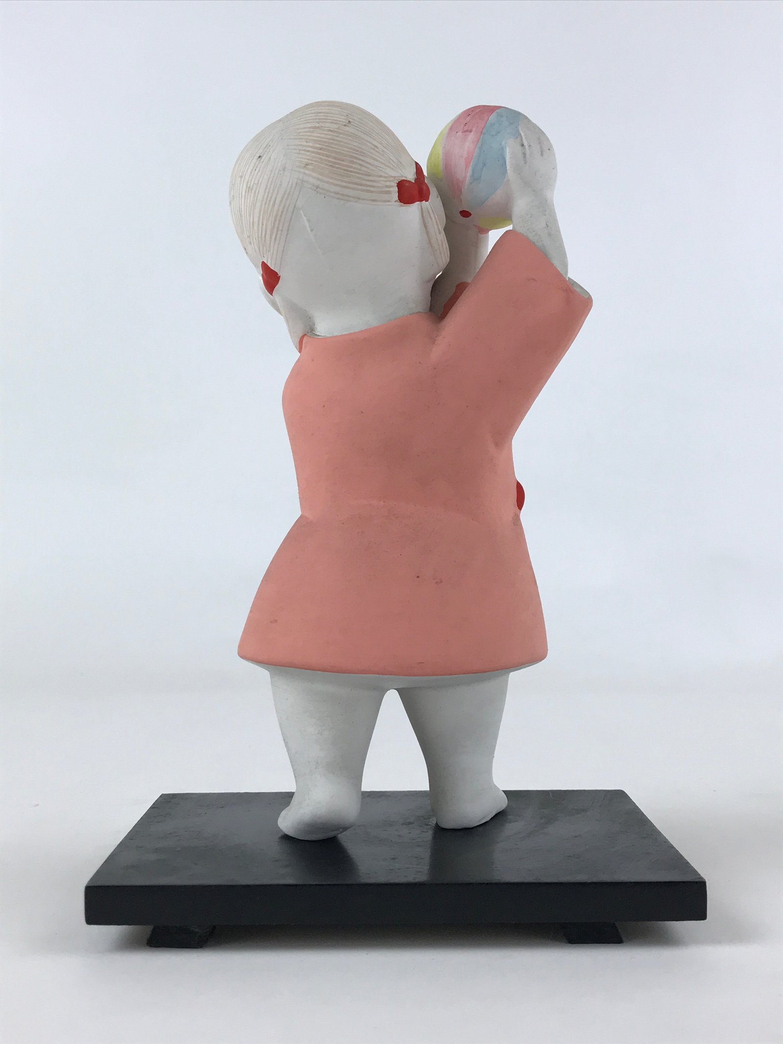 Japanese Ceramic Girl Playing Ball Figurine Vtg Pink Dress Black Stand BD926