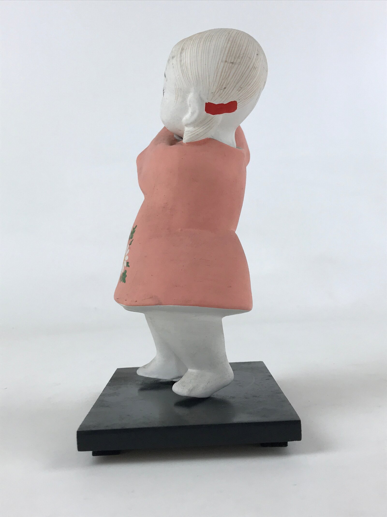 Japanese Ceramic Girl Playing Ball Figurine Vtg Pink Dress Black Stand BD926