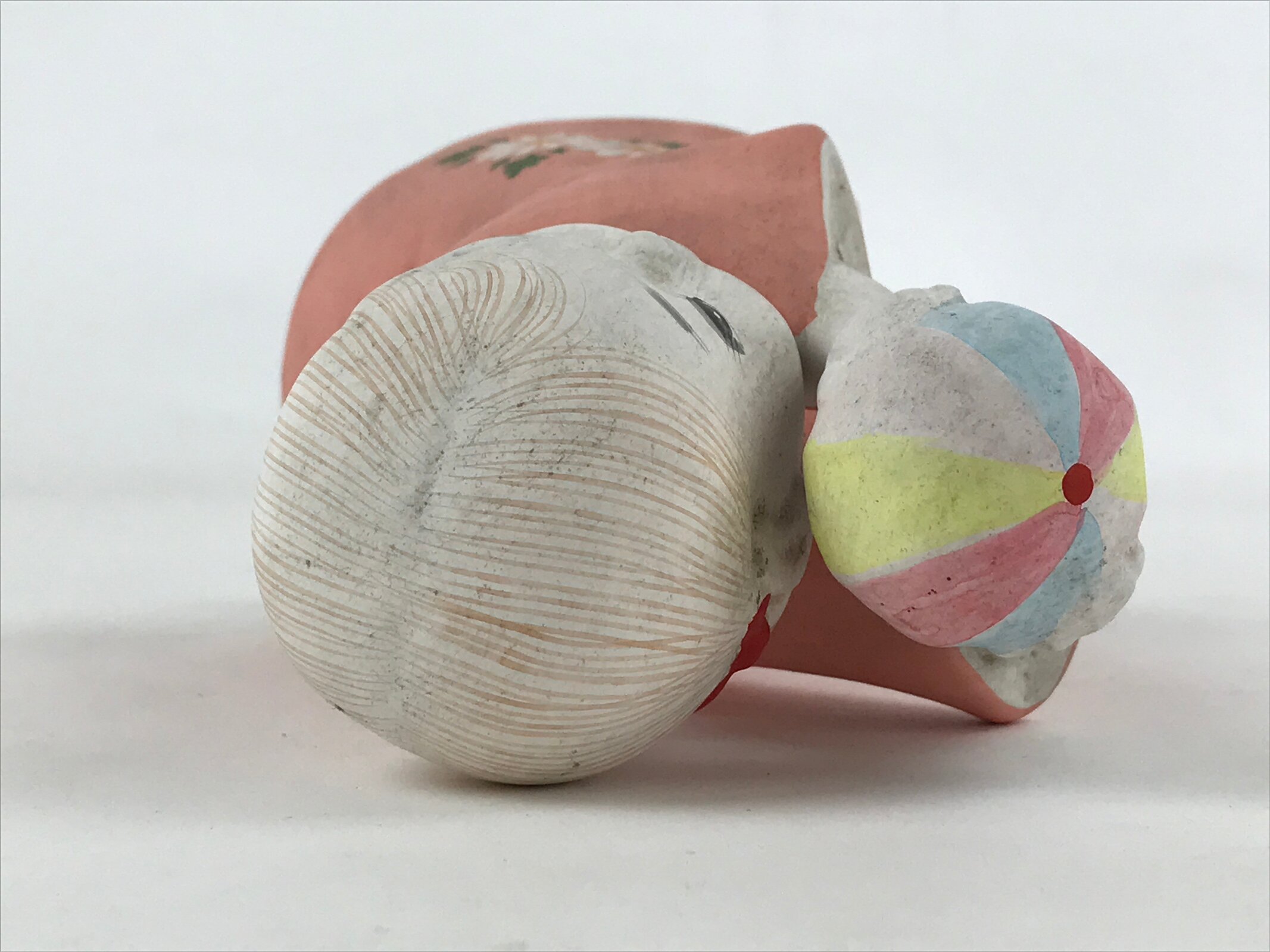 Japanese Ceramic Girl Playing Ball Figurine Vtg Pink Dress Black Stand BD926