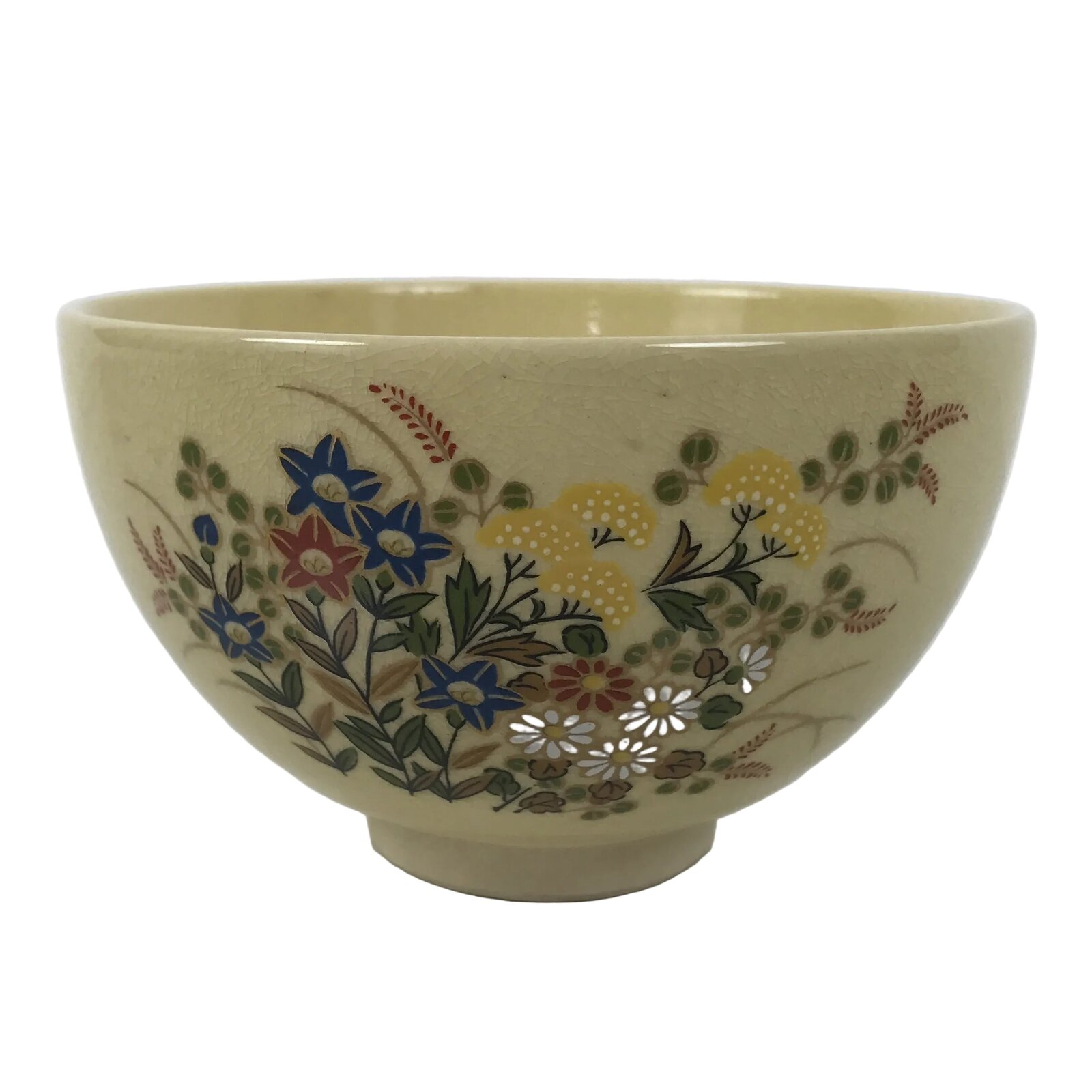 Japanese Ceramic Green Tea Bowl Matcha Chawan Vtg Kyoyaki Pottery Floral CHB114