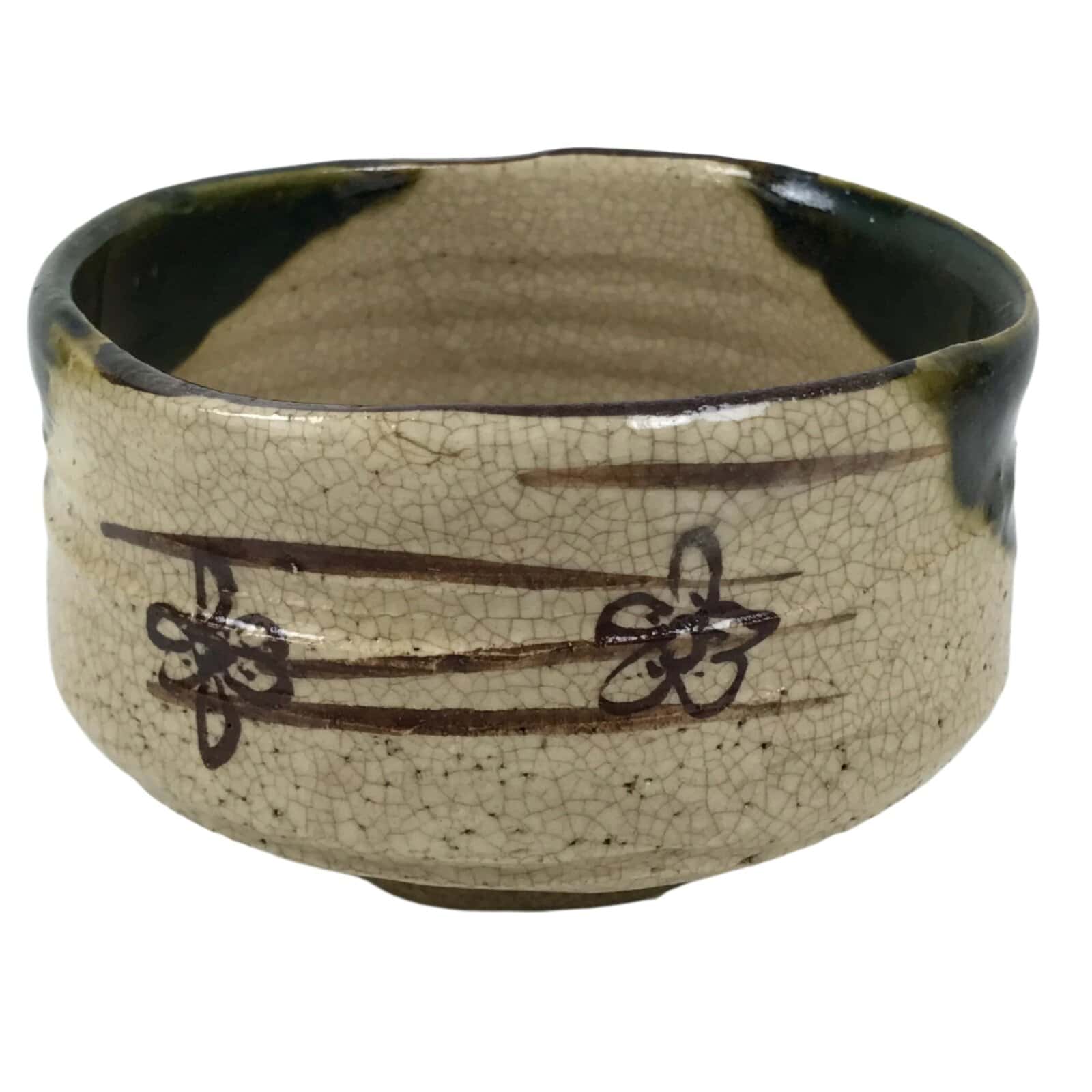 Japanese Ceramic Green Tea Bowl Matcha Chawan Vtg Oribe Beige Brown CHB101
