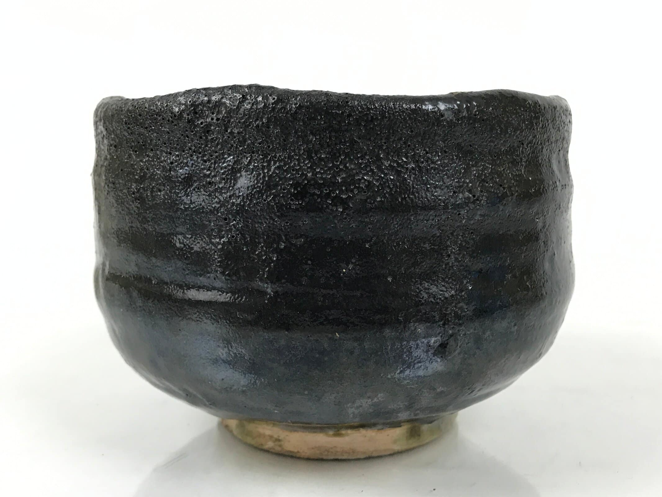 Japanese Ceramic Green Tea Bowl Matcha Chawan Vtg Pottery Black Raku Ware CHB140