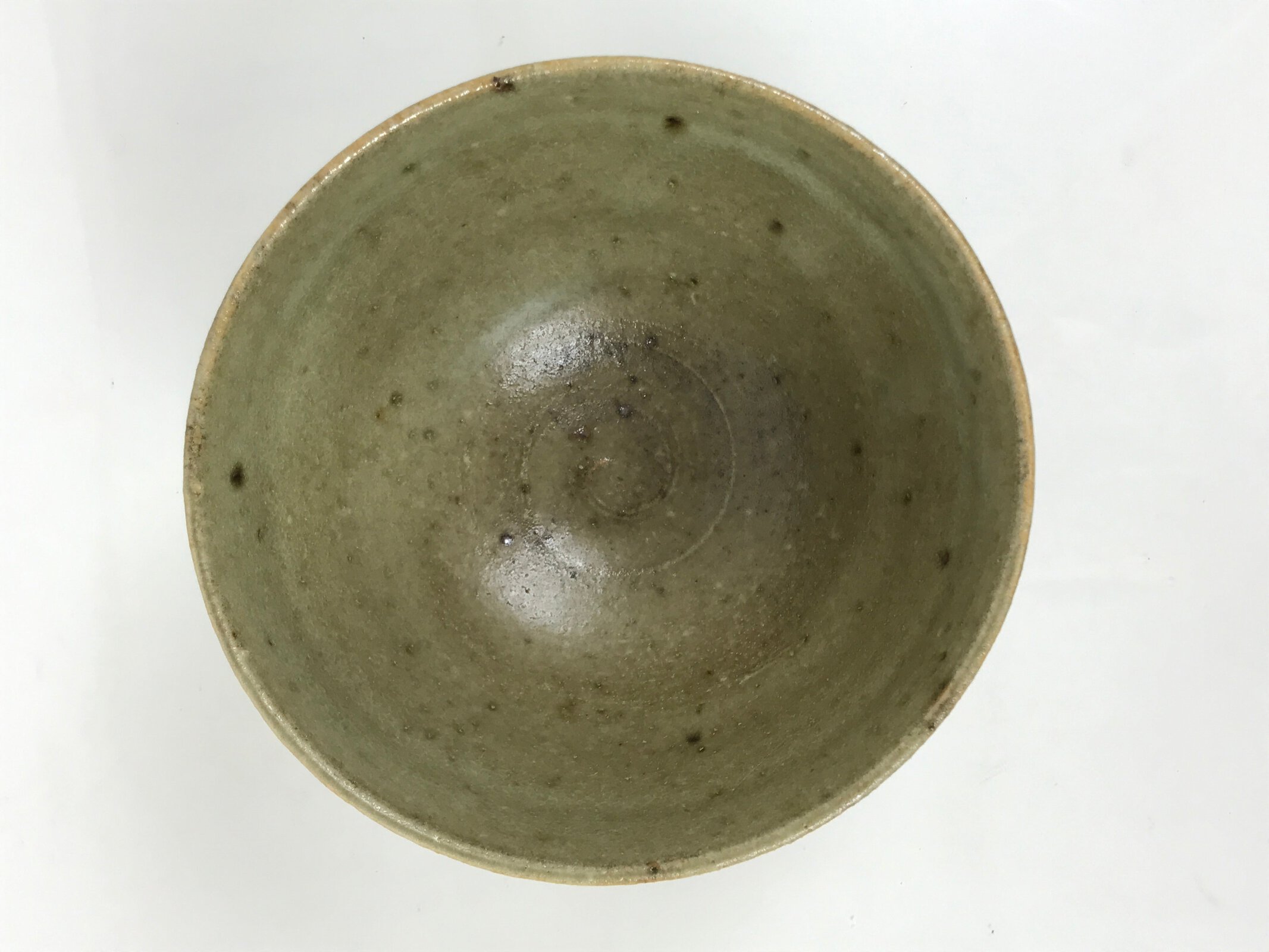 Japanese Ceramic Green Tea Bowl Matcha Chawan Vtg Pottery Gray Green CHB144