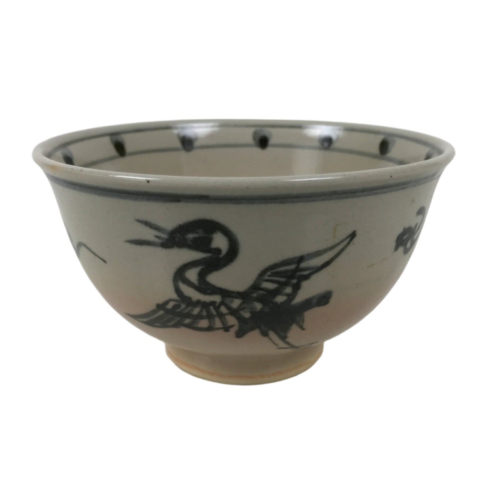 Japanese Ceramic Green Tea Bowl Matcha Chawan Vtg Tsuru Crane Clouds CHB100