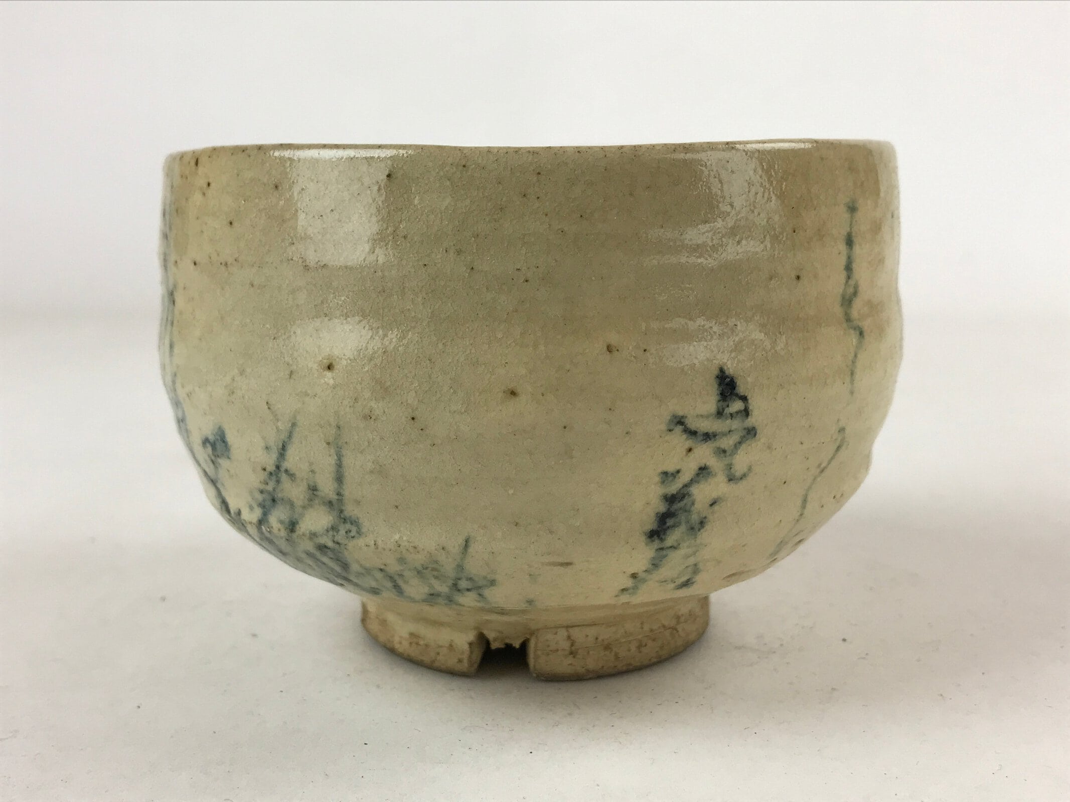 Japanese Ceramic Green Tea Bowl Vtg Beige Blue Characters Matcha Chawan CHB27