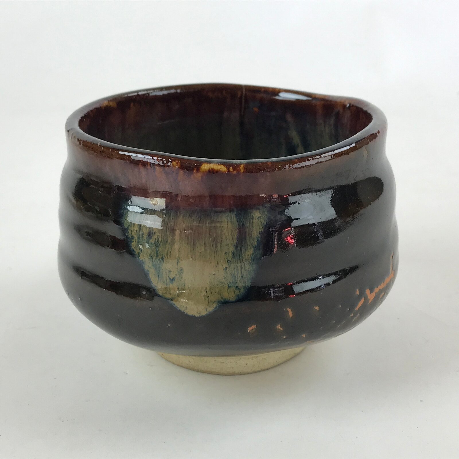 Japanese Ceramic Green Tea Bowl Vtg Dark Brown Matcha Chawan Sado GTB990