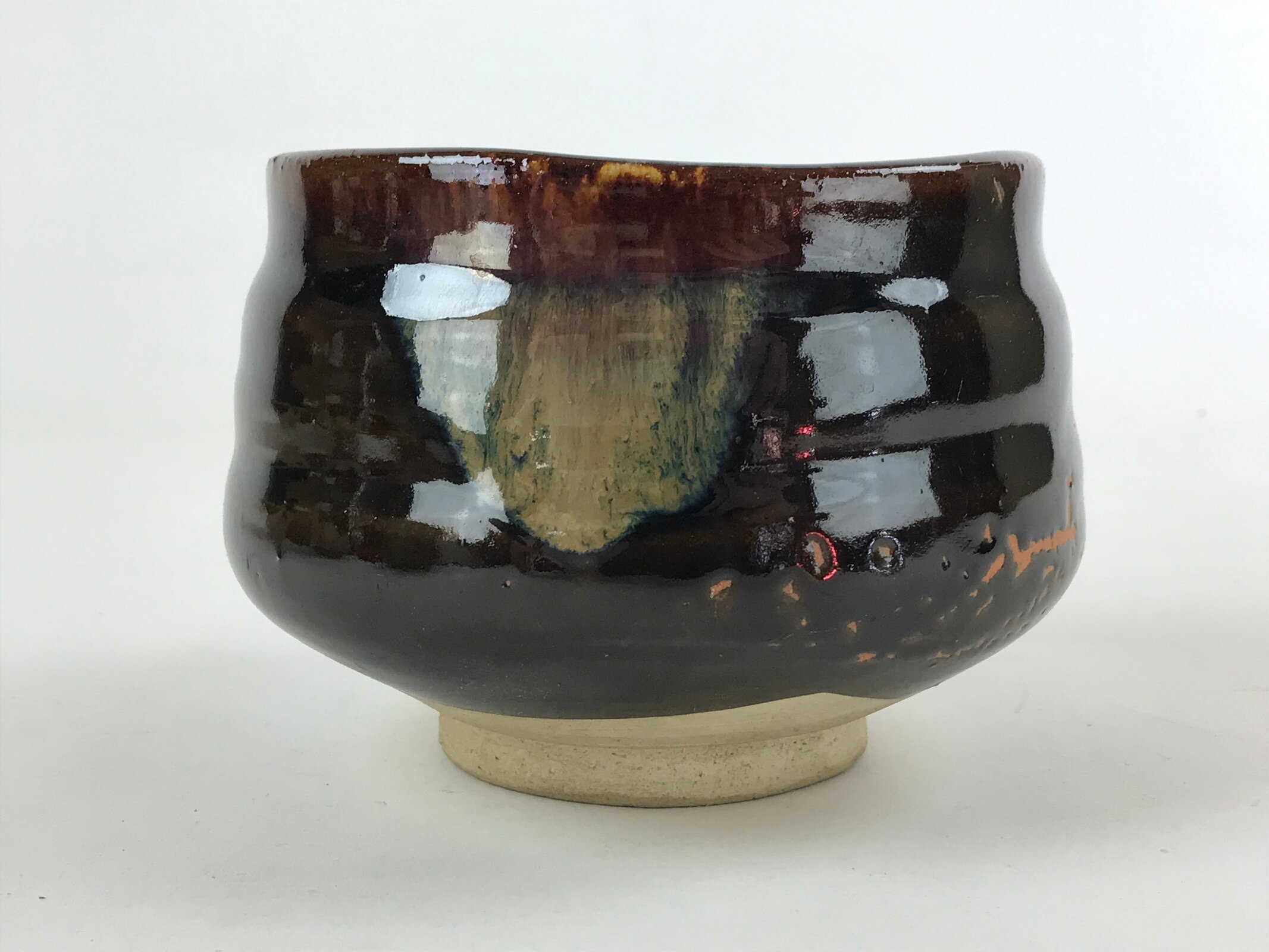 Japanese Ceramic Green Tea Bowl Vtg Dark Brown Matcha Chawan Sado GTB990