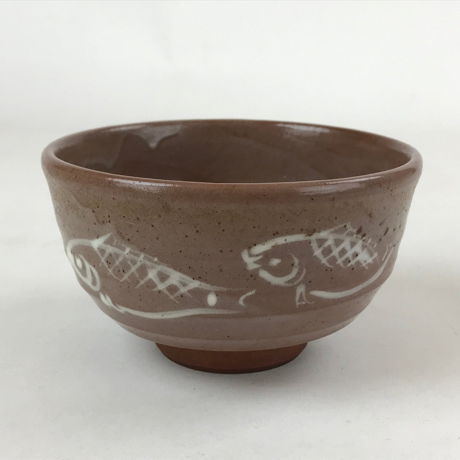 Japanese Ceramic Green Tea Bowl Vtg Fish Brown Aka Oribe Matcha Chawan CHB13