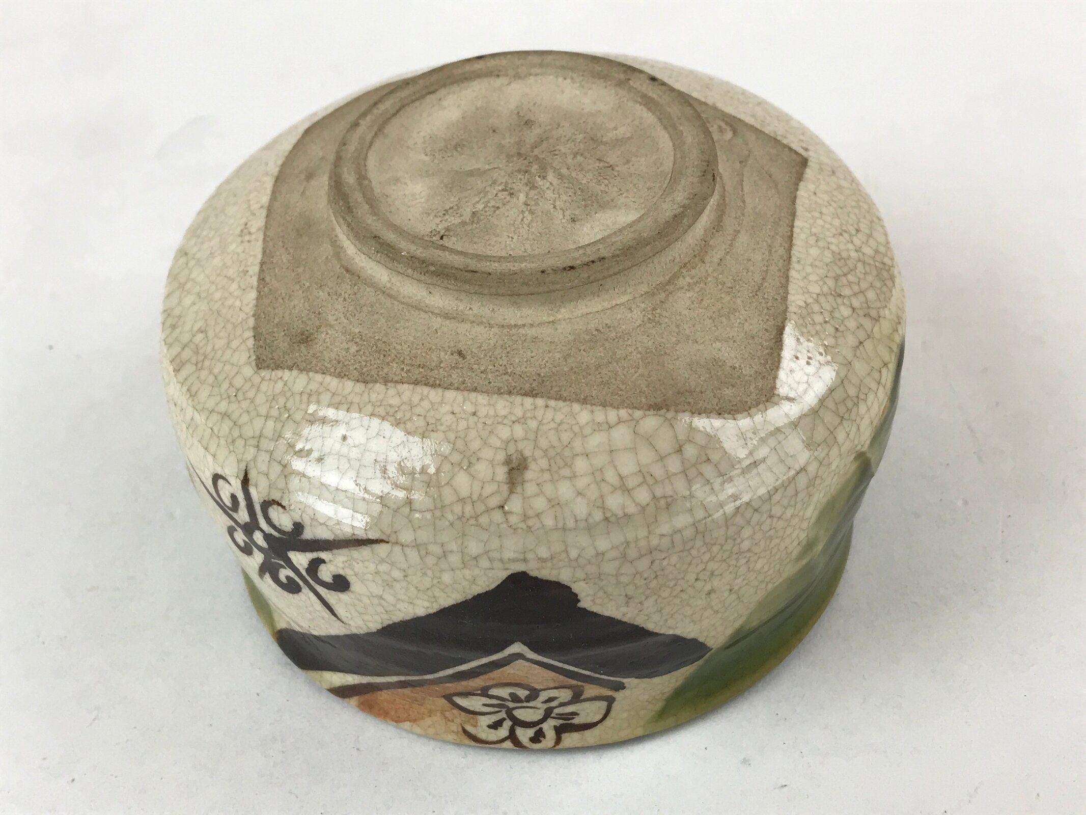 Japanese Ceramic Green Tea Bowl Vtg Oribe Green Brown Floral Crackle Glaze CHB24