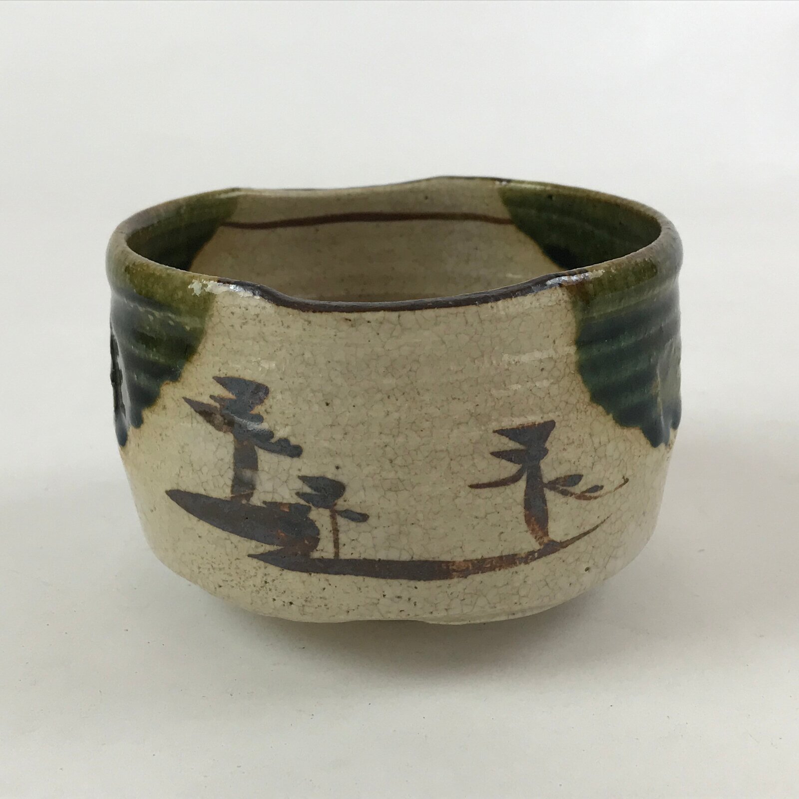 Japanese Ceramic Green Tea Bowl Vtg Oribe Ware Green Brown Matcha Chawan CHB2