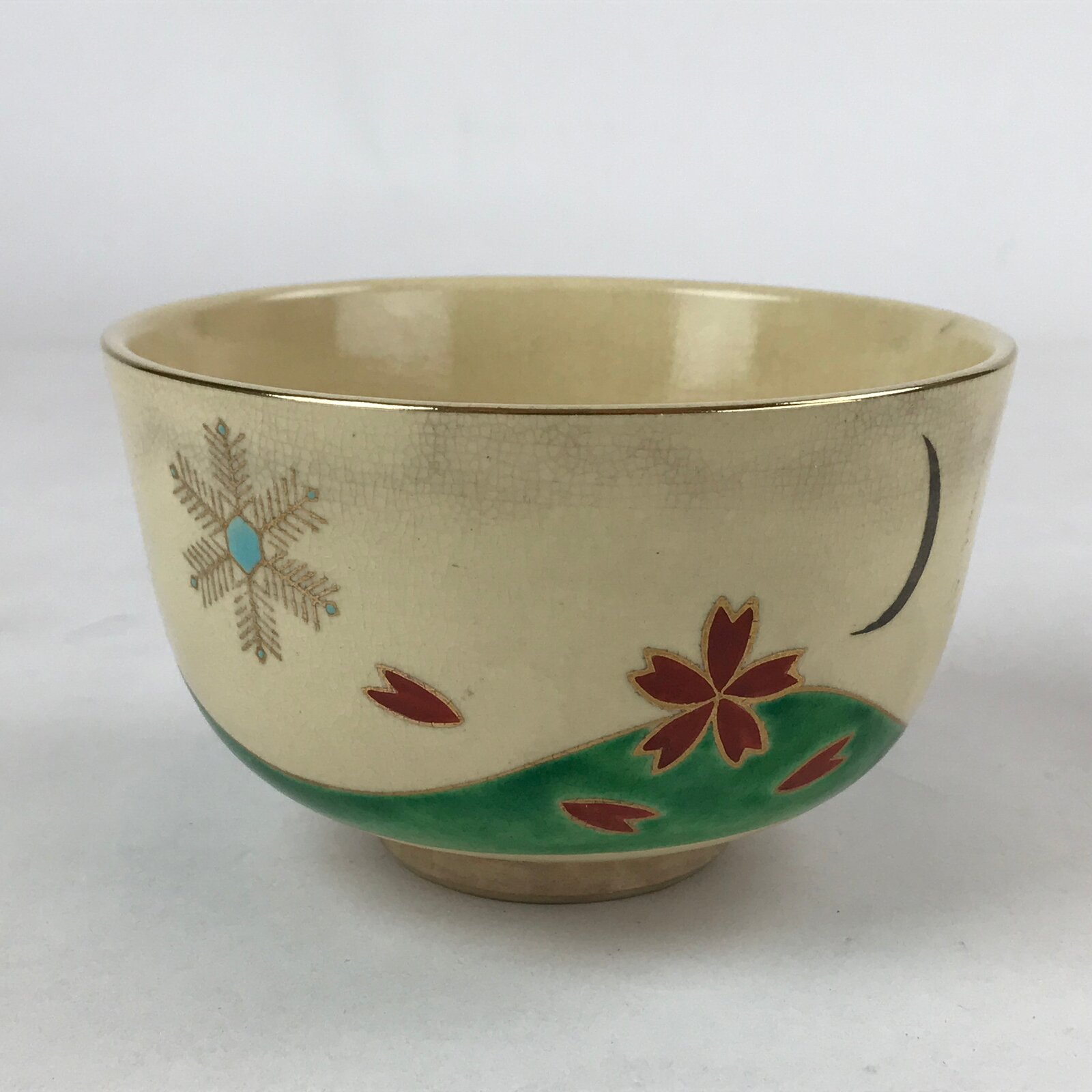 Japanese Ceramic Green Tea Bowl Vtg Sakura Snowflake Kyoyaki Matcha Chawan CHB14