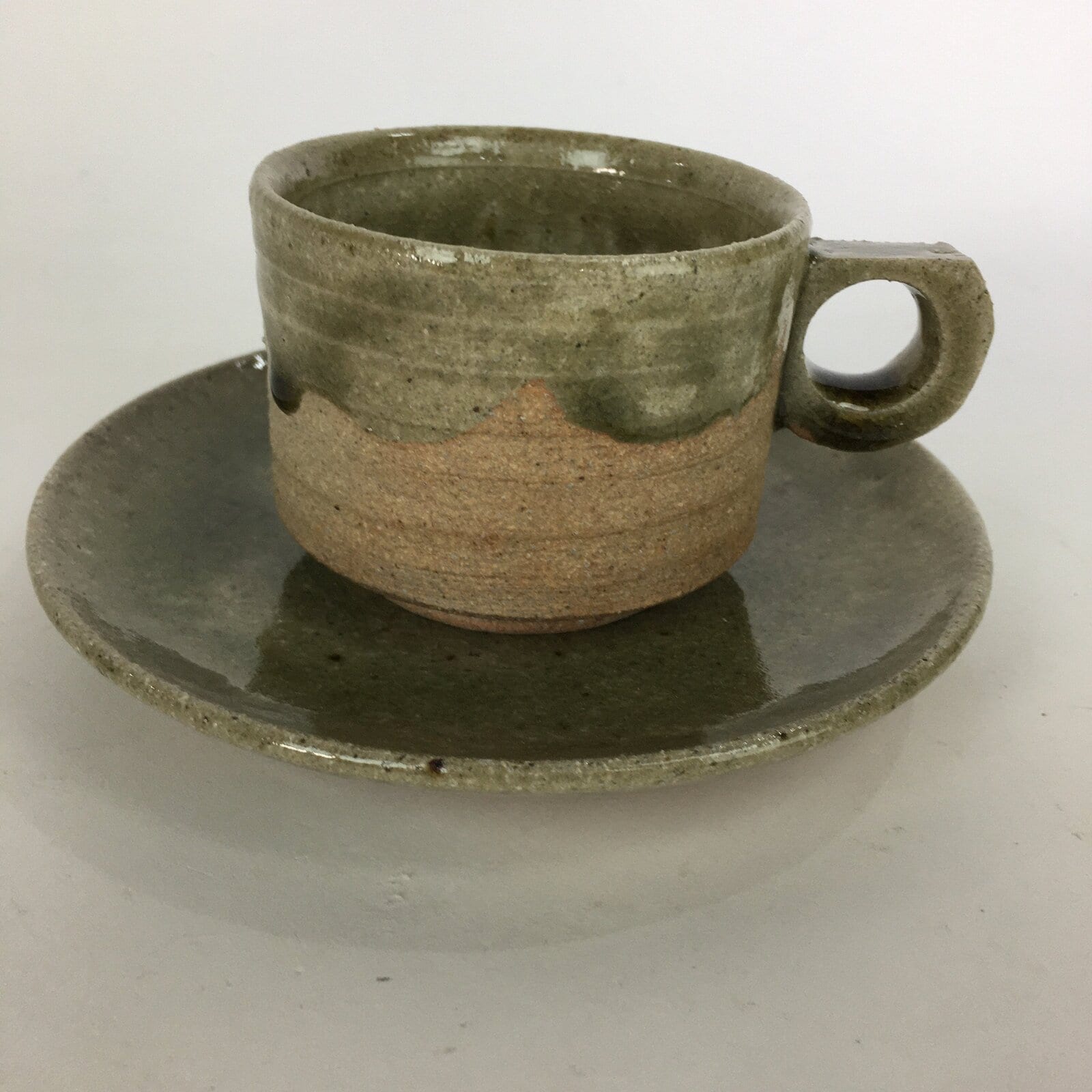 Japanese Ceramic Igayaki Teacup Mug Saucer Vtg Cup Plate Set Green Glaze PP571