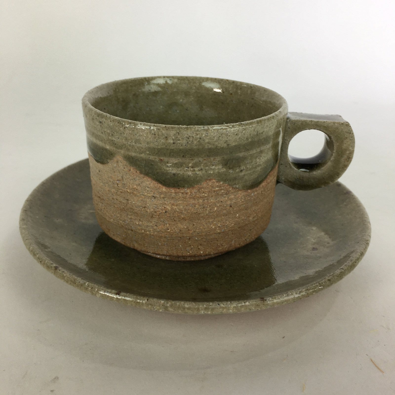 Japanese Ceramic Igayaki Teacup Mug Saucer Vtg Cup Plate Set Green Glaze PP575