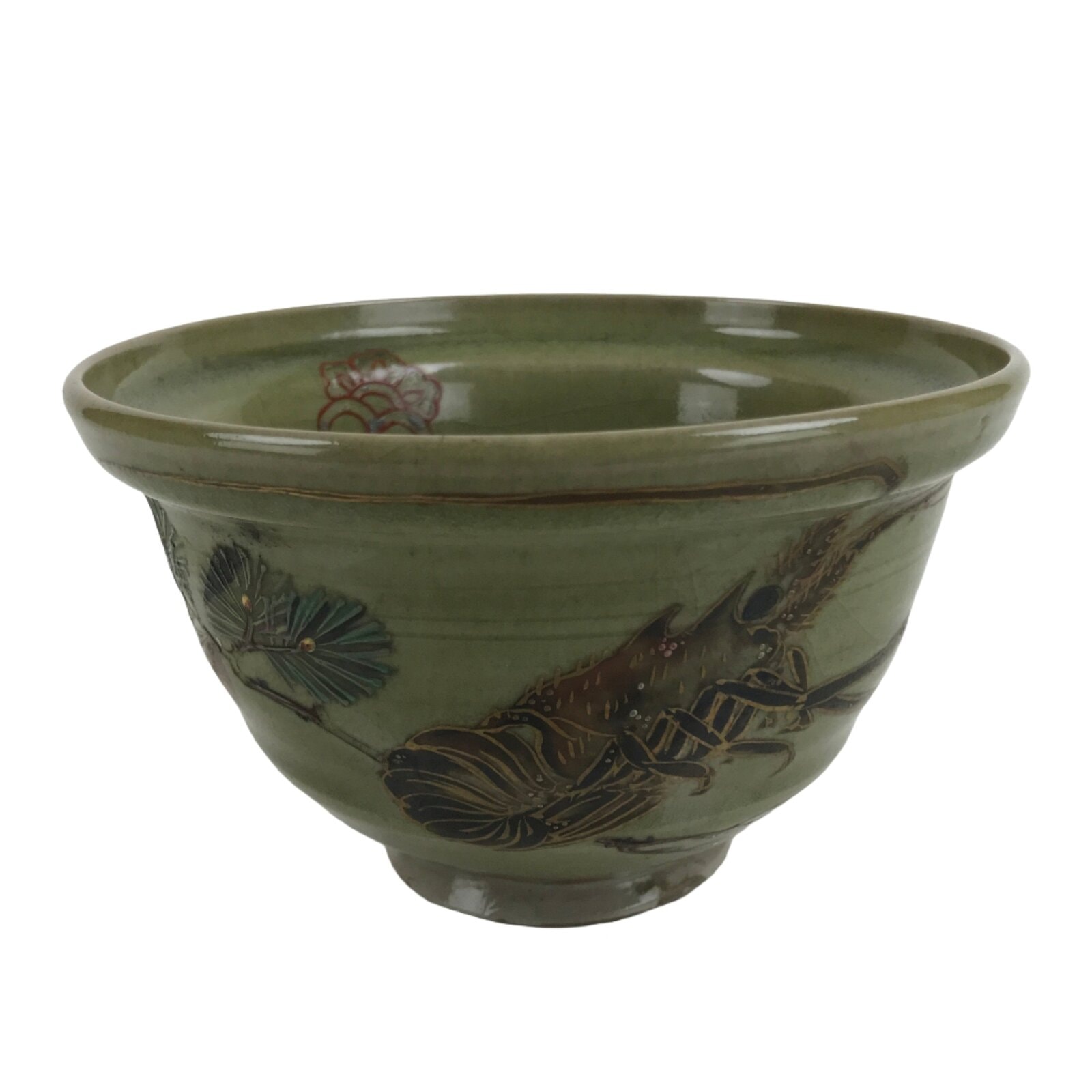 Japanese Ceramic Kensui Wastewater Bowl Vtg Tea Ceremony Basin Shrimp Green Y9
