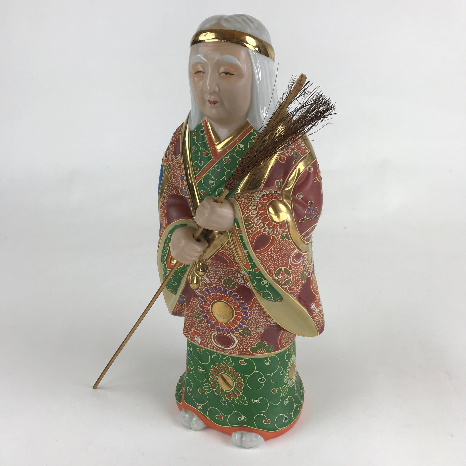 Japanese Ceramic Kutani Ware Takasago Doll Statue Old Lady Lucky Charm BD889