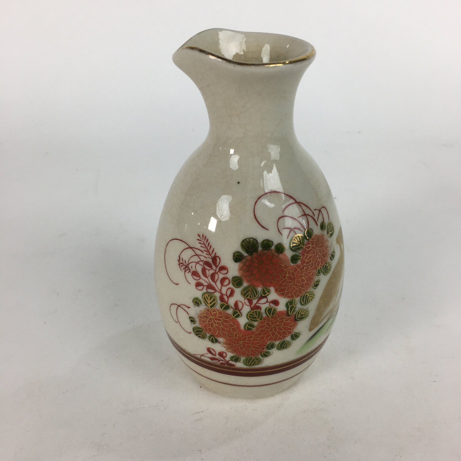 Japanese Ceramic Kutani ware Sake Bottle Tokkuri Vtg Pottery Flower Bird Design