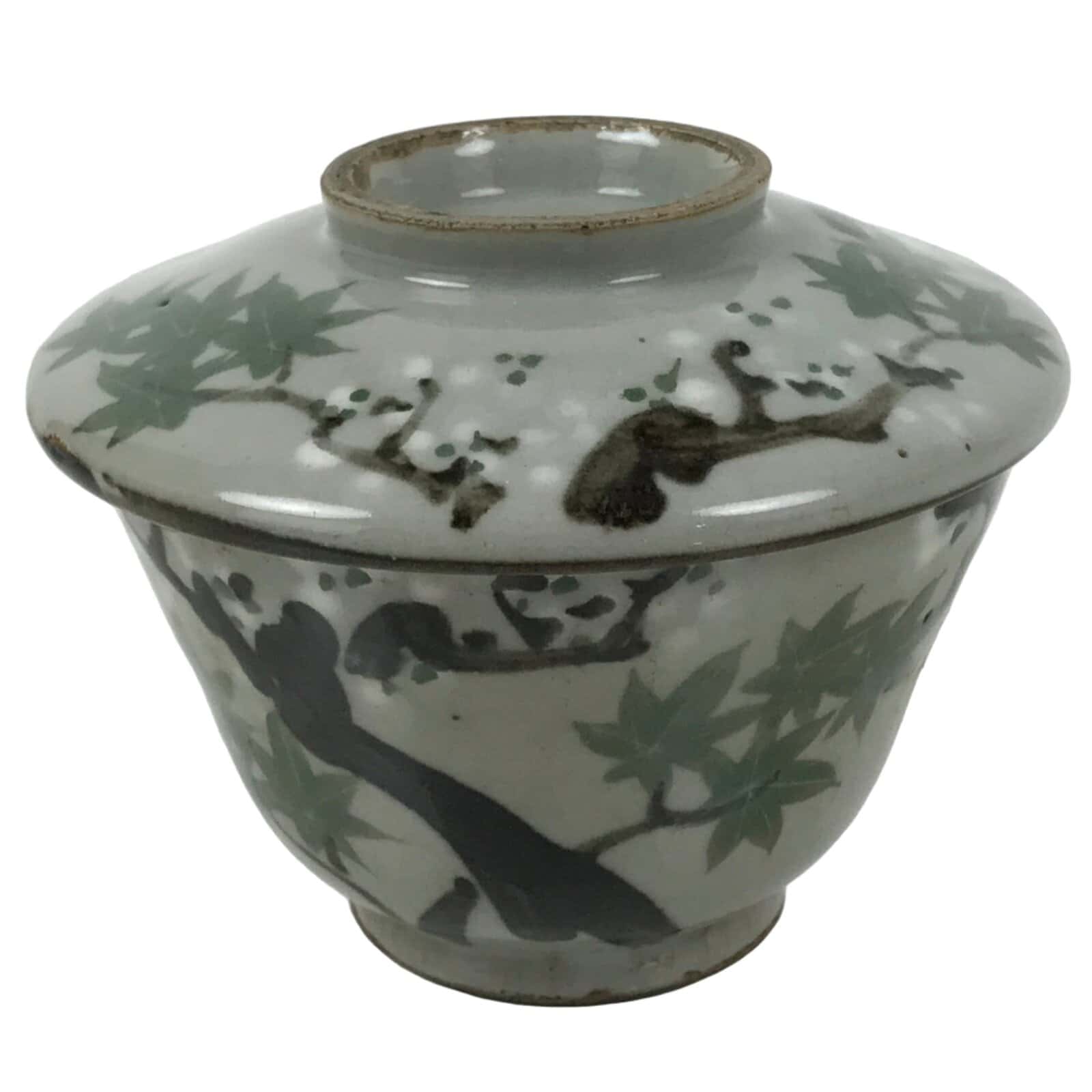 Japanese Ceramic Lidded Bowl Mushiwan Cup Pottery Gray White Plum Blossoms Y470
