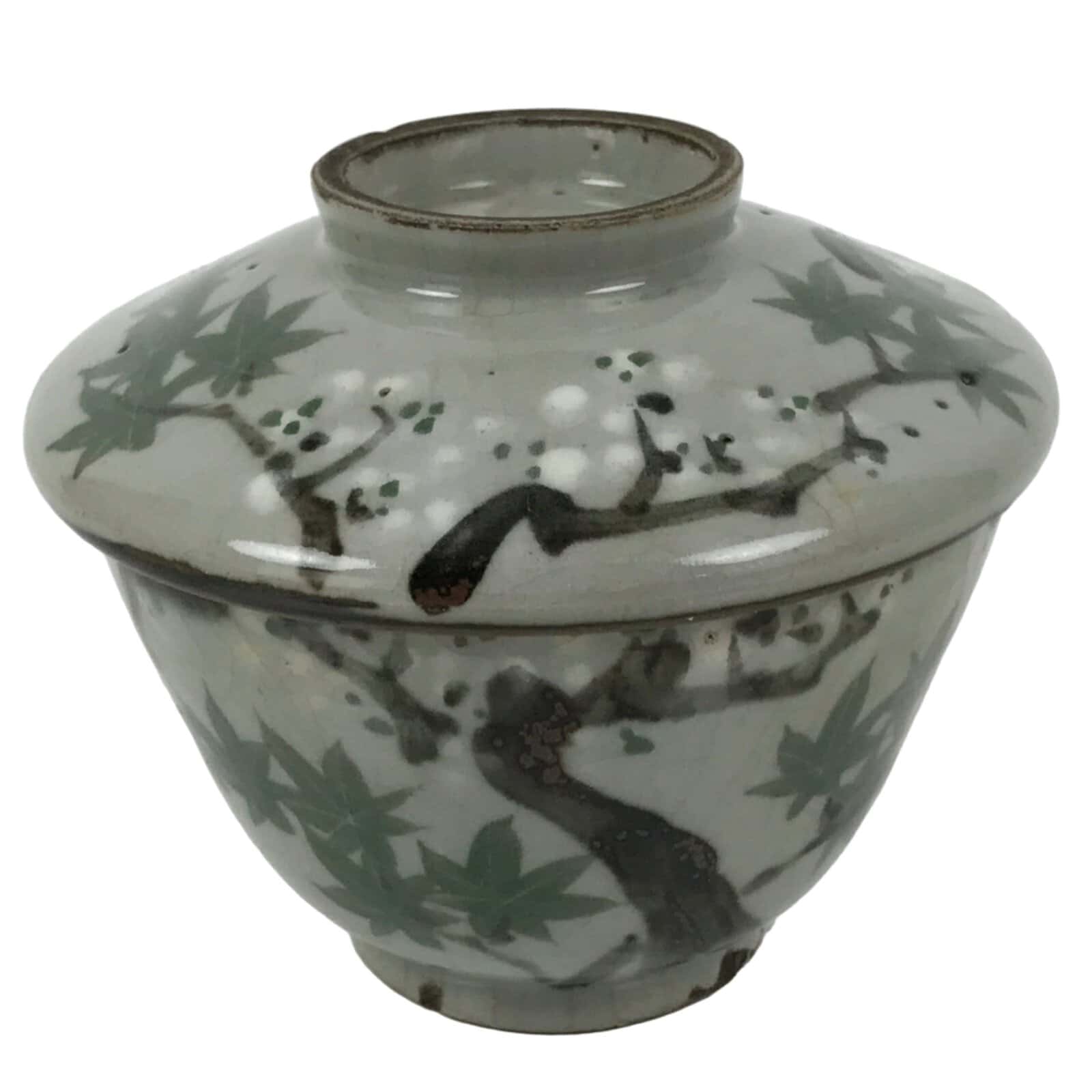 Japanese Ceramic Lidded Bowl Mushiwan Cup Pottery Gray White Plum Blossoms Y471