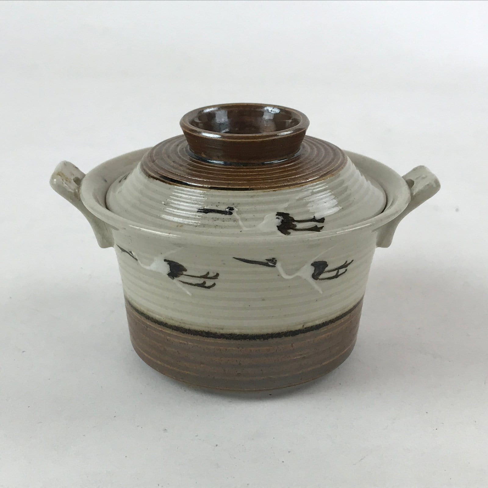 Japanese Ceramic Lidded Bowl Vtg Small Chawanmushi Cup Tsuru Crane Brown PY506