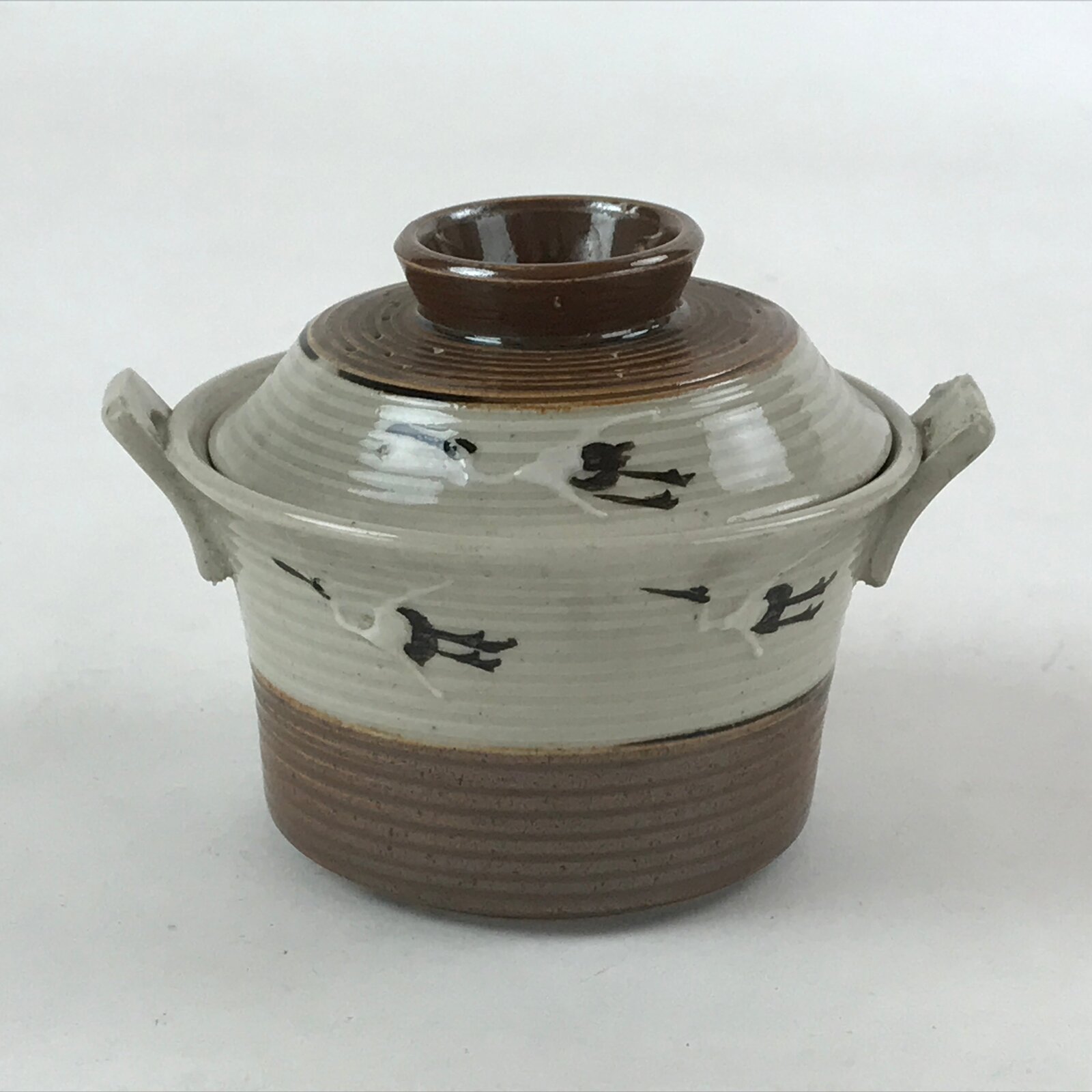 Japanese Ceramic Lidded Bowl Vtg Small Chawanmushi Cup Tsuru Crane Brown PY507