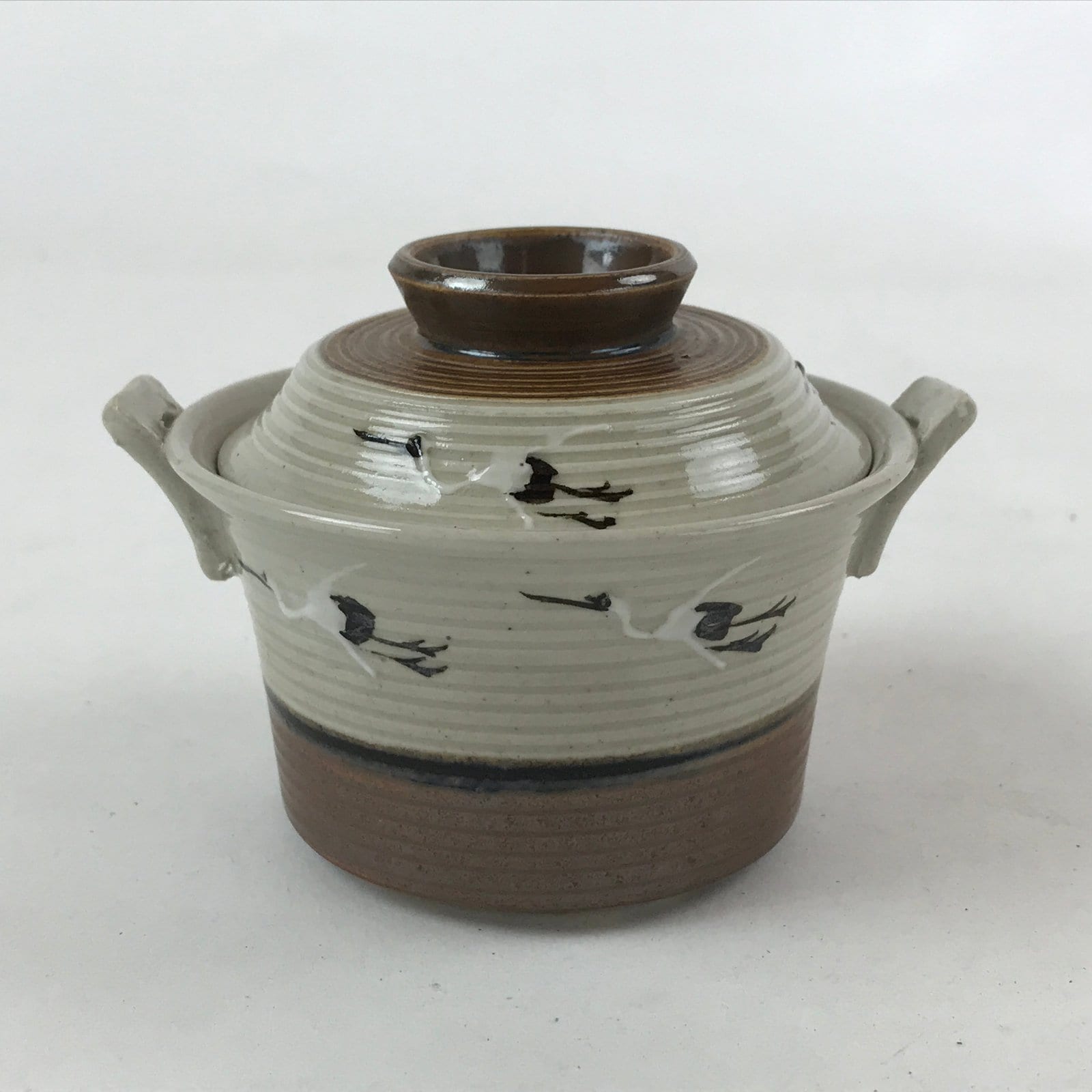 Japanese Ceramic Lidded Bowl Vtg Small Chawanmushi Cup Tsuru Crane Brown PY509