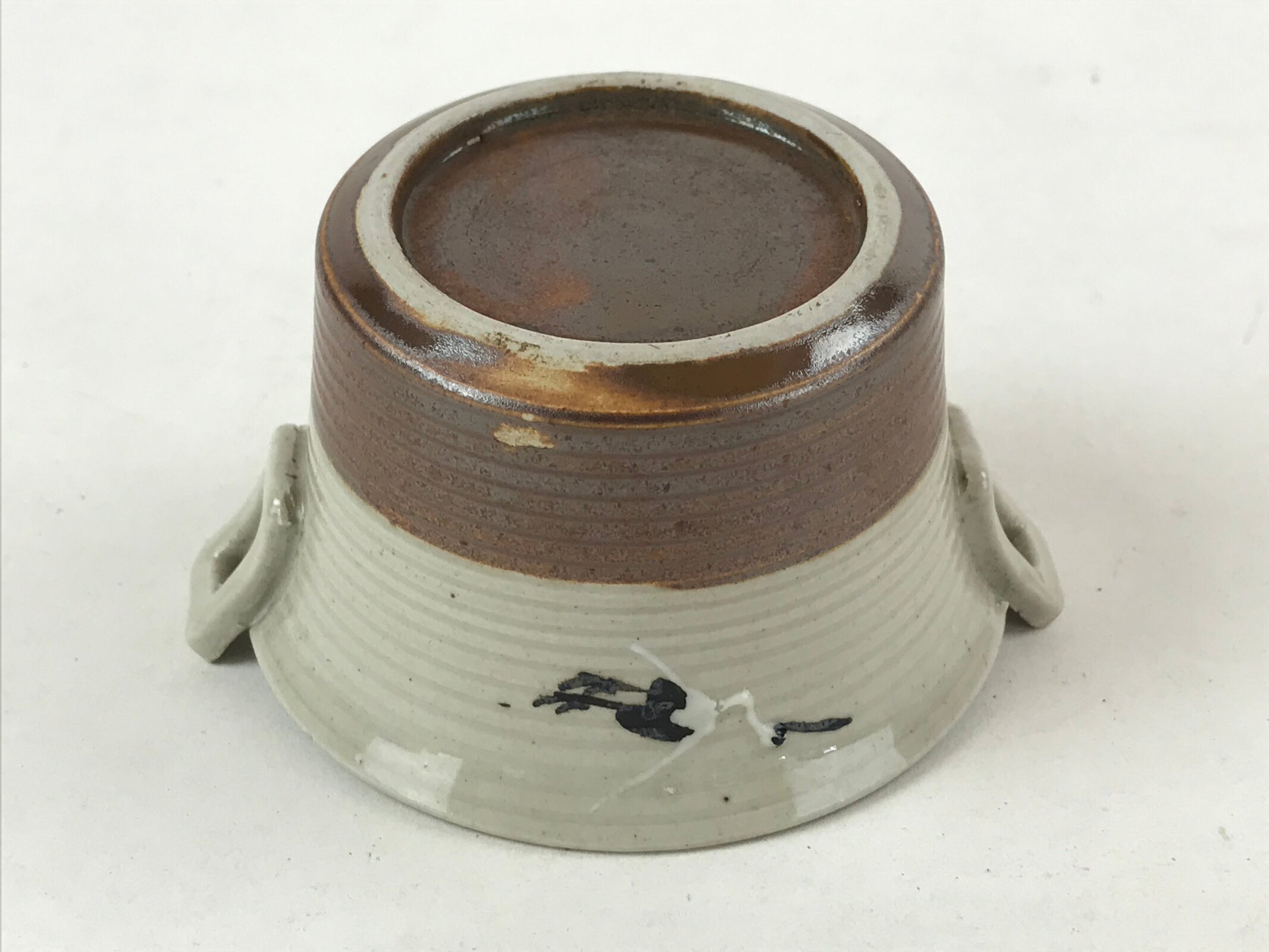 Japanese Ceramic Lidded Bowl Vtg Small Chawanmushi Cup Tsuru Crane Brown PY509