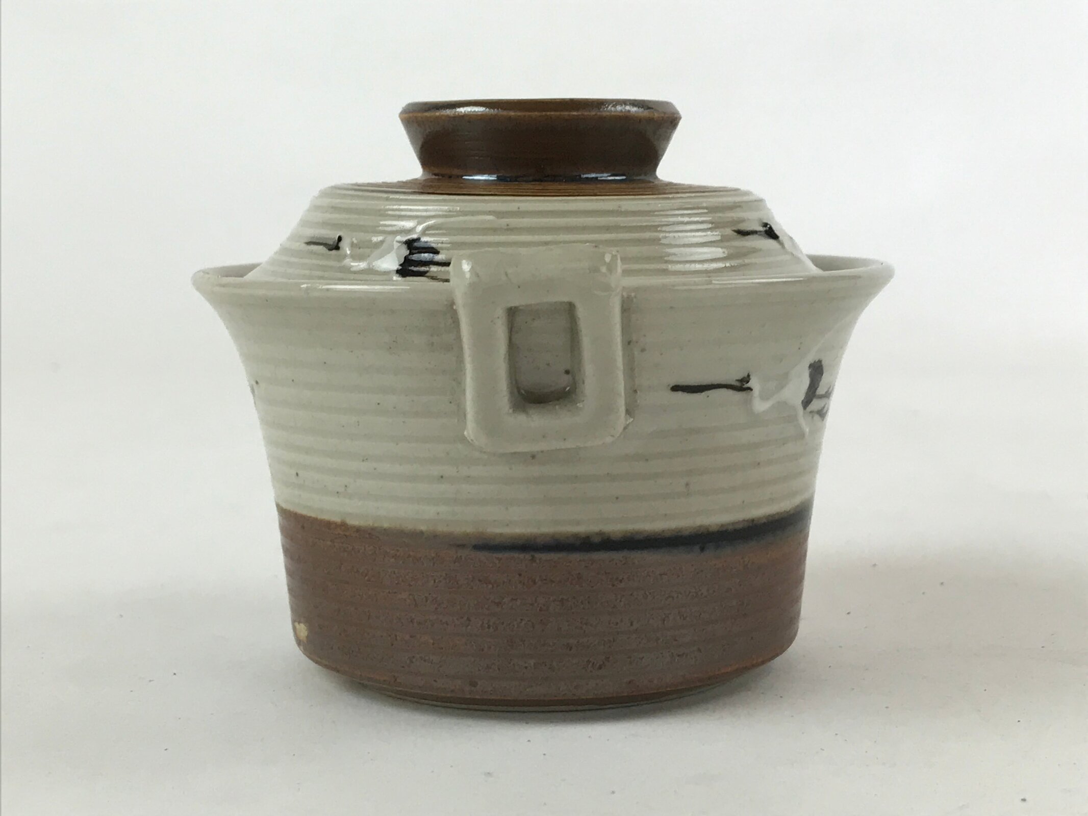 Japanese Ceramic Lidded Bowl Vtg Small Chawanmushi Cup Tsuru Crane Brown PY509