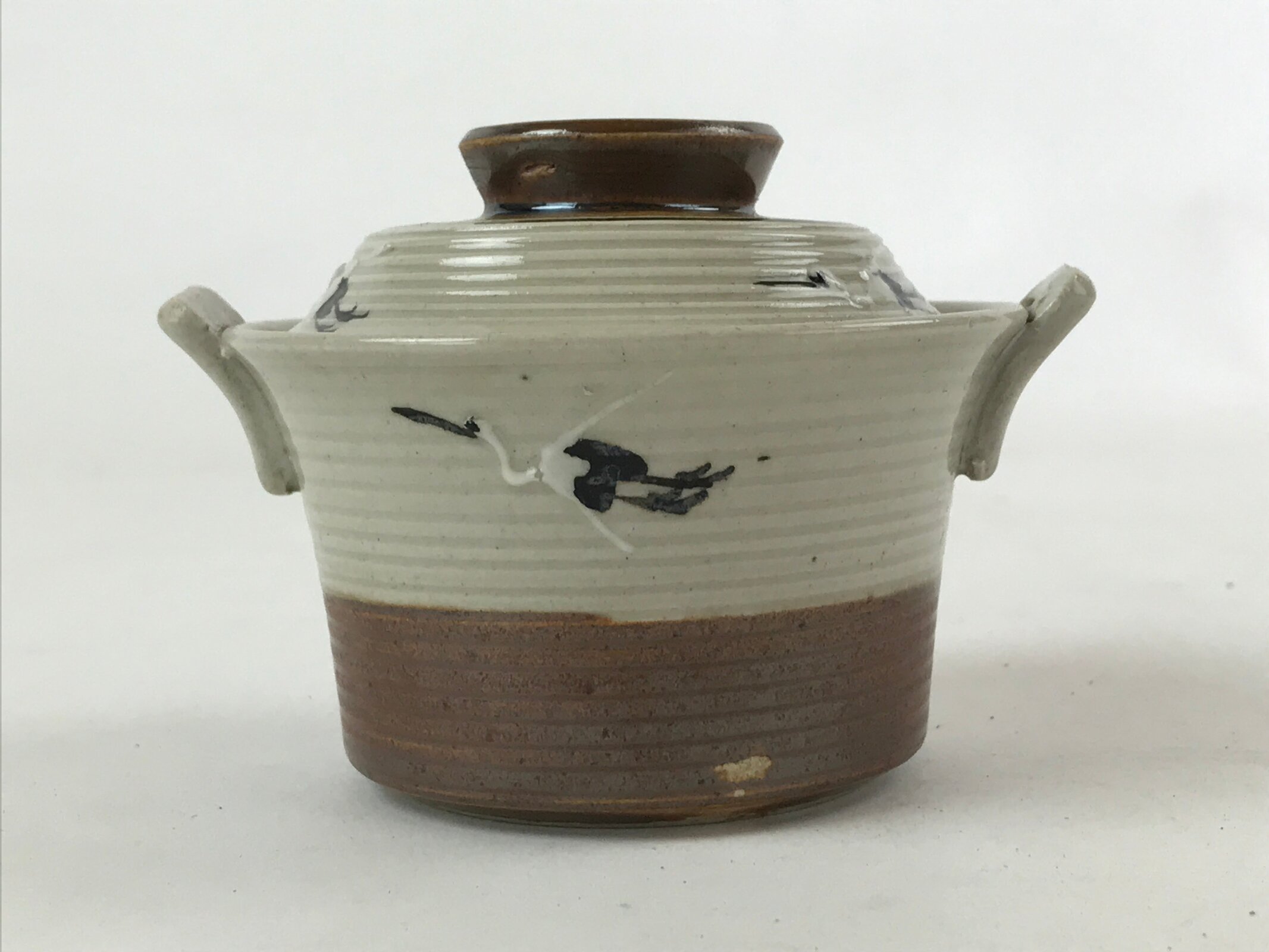 Japanese Ceramic Lidded Bowl Vtg Small Chawanmushi Cup Tsuru Crane Brown PY509