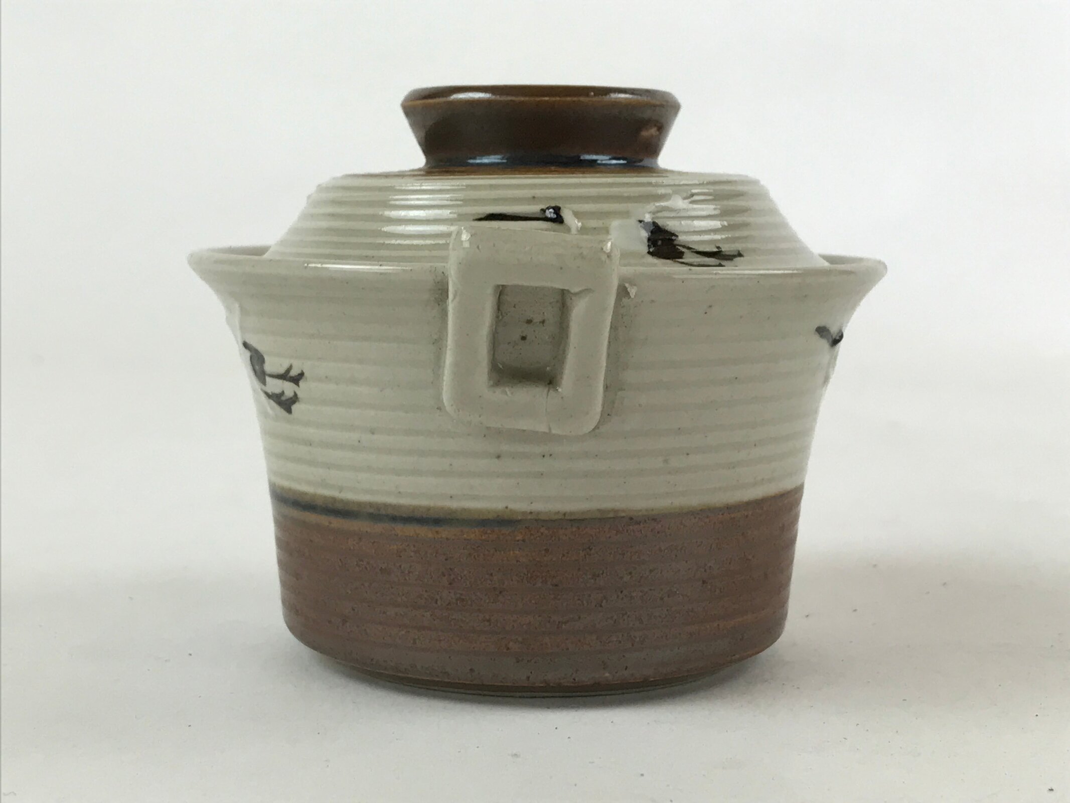 Japanese Ceramic Lidded Bowl Vtg Small Chawanmushi Cup Tsuru Crane Brown PY509