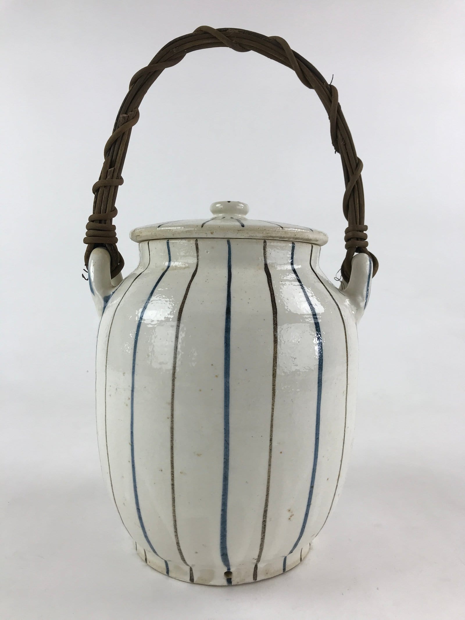 Japanese Ceramic Lidded Jar Handle Tsubo Iremono Vtg Pottery White PY451