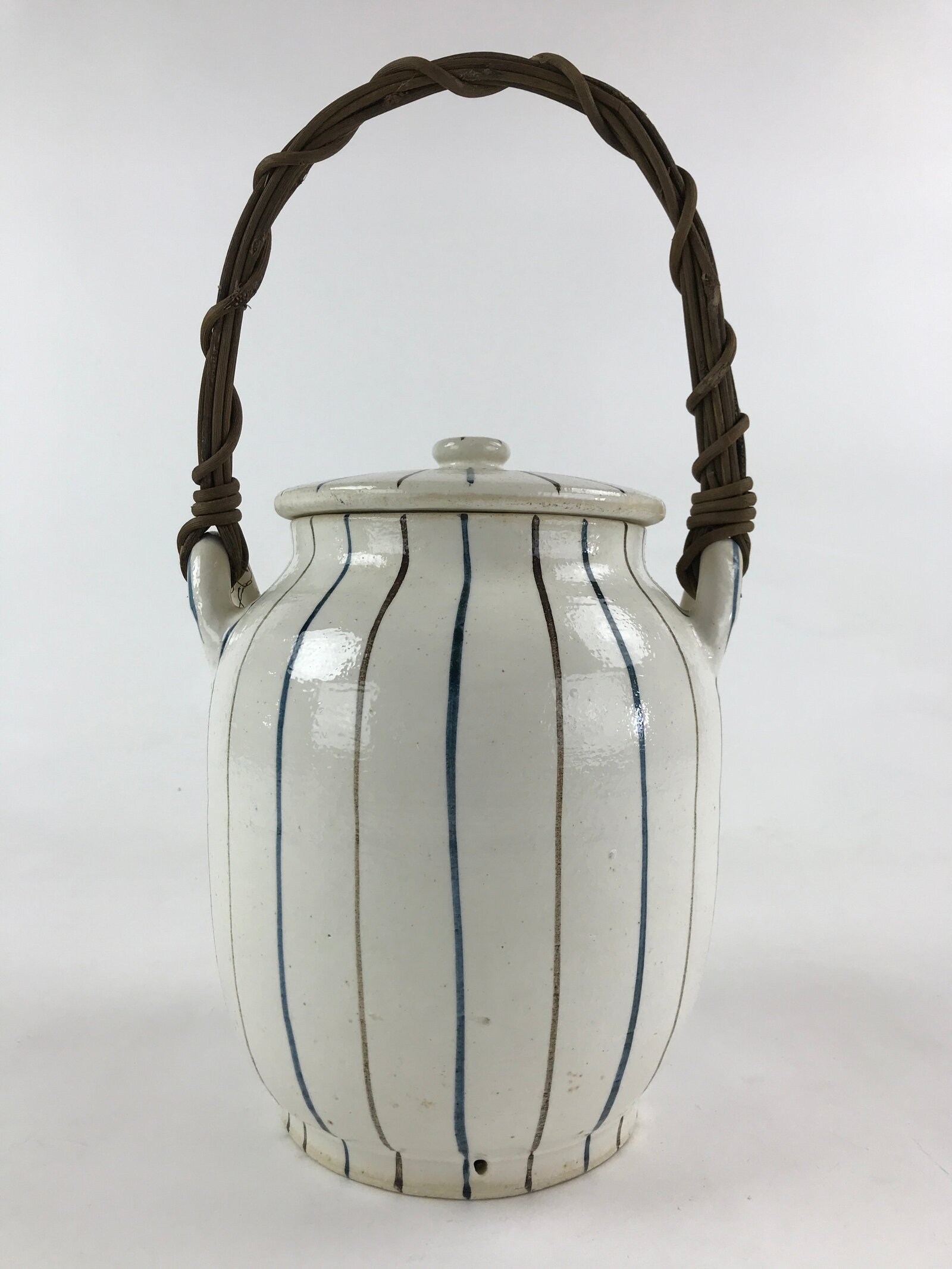 Japanese Ceramic Lidded Jar Handle Tsubo Iremono Vtg Pottery White PY451