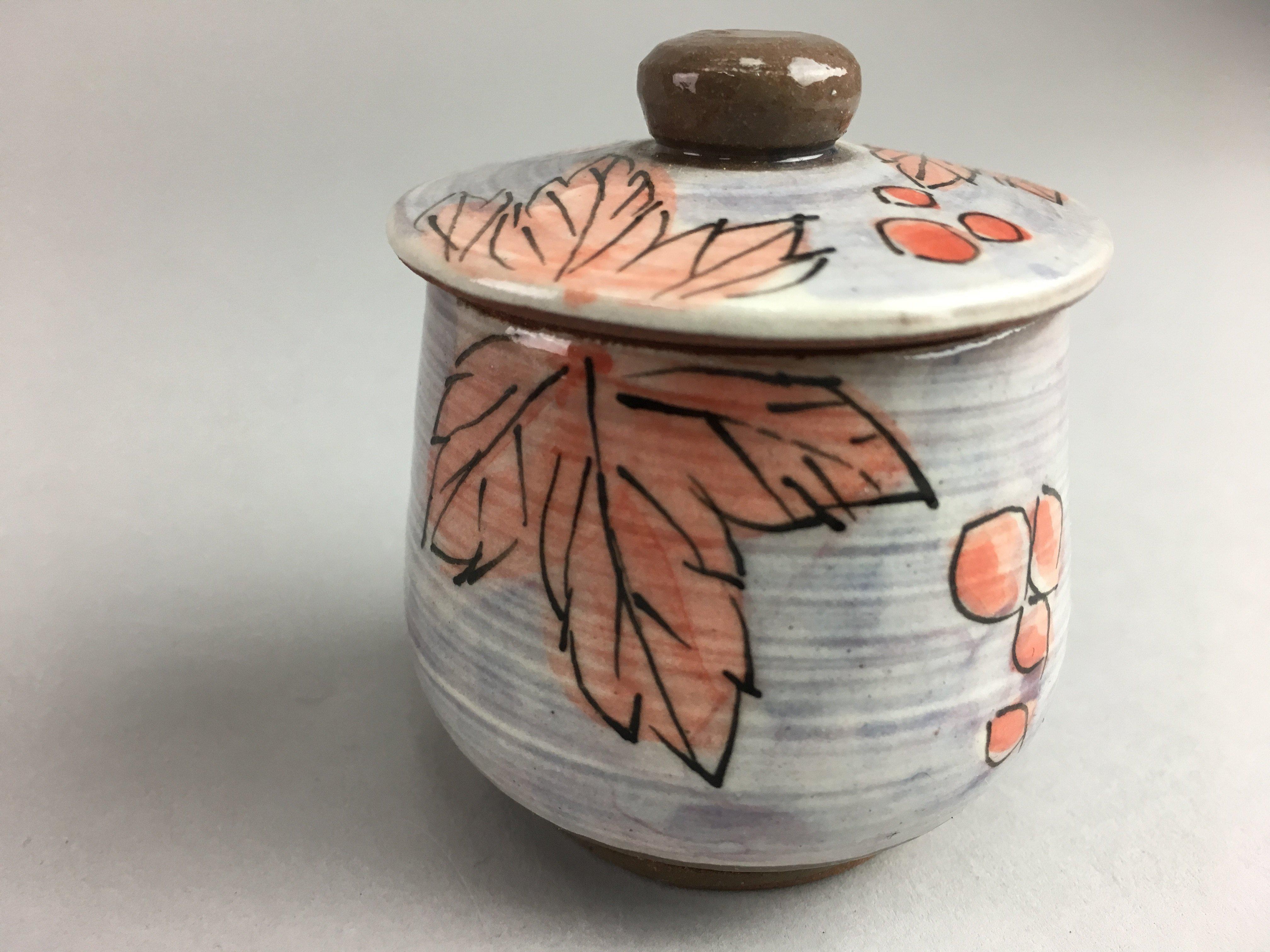 Japanese Ceramic Lidded Pot Jar Iremono Tsubo Orange Leaf Gray Vtg Pottery PT24