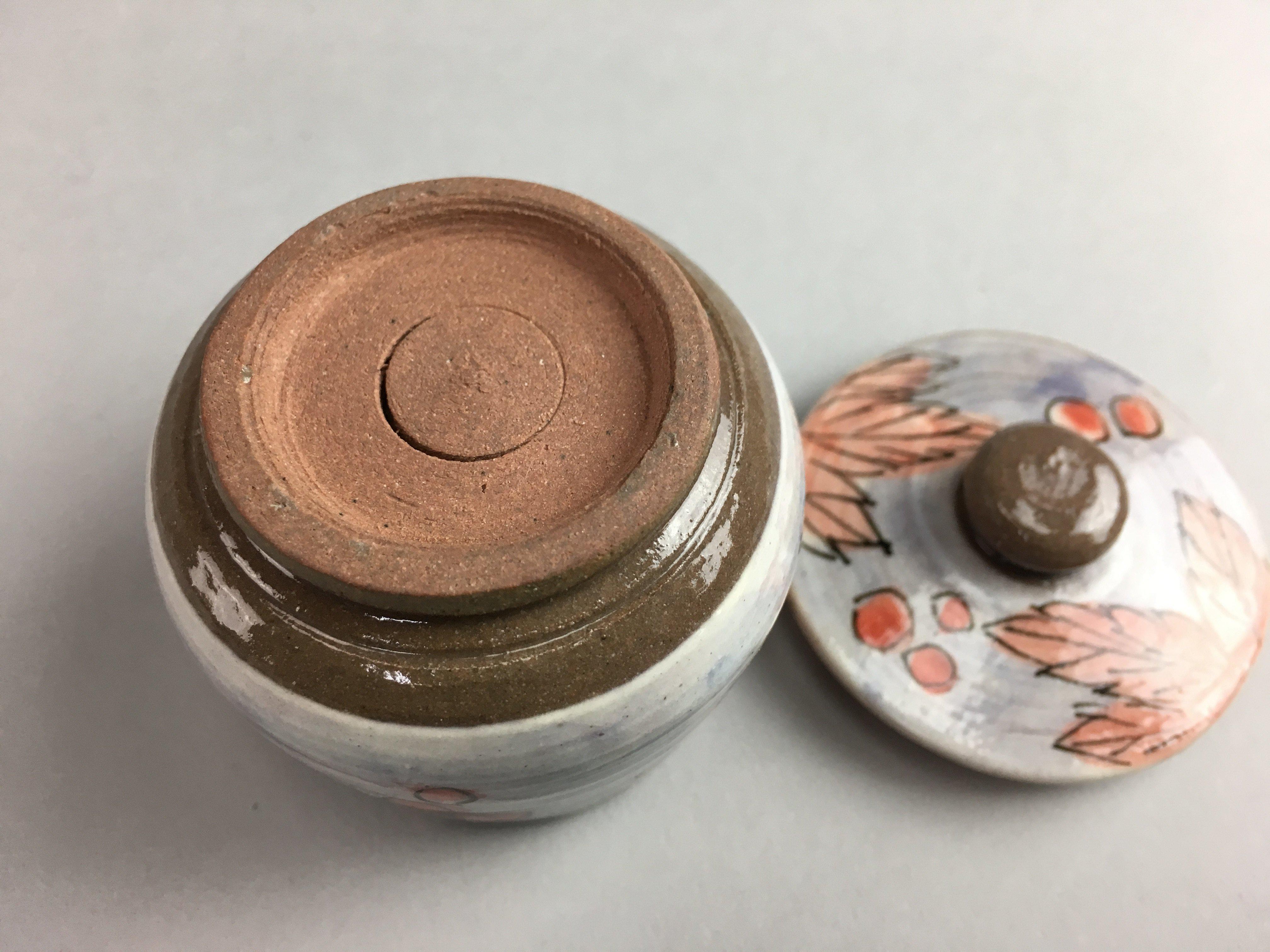Japanese Ceramic Lidded Pot Jar Iremono Tsubo Orange Leaf Gray Vtg Pottery PT24