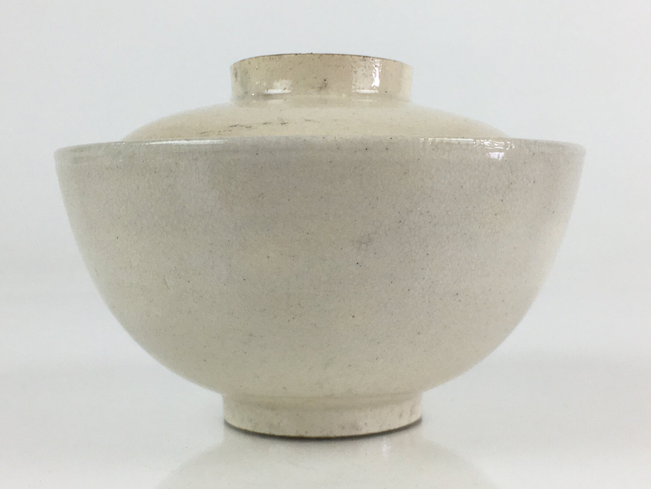 Japanese Ceramic Lidded Rice Bowl Vtg White Chawan Pottery PY127