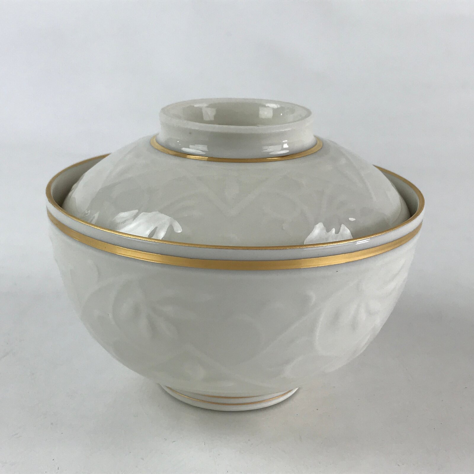 Japanese Ceramic Lidded Rice Bowl White Chawan Vtg Pottery Hand-drawn Flower PY2