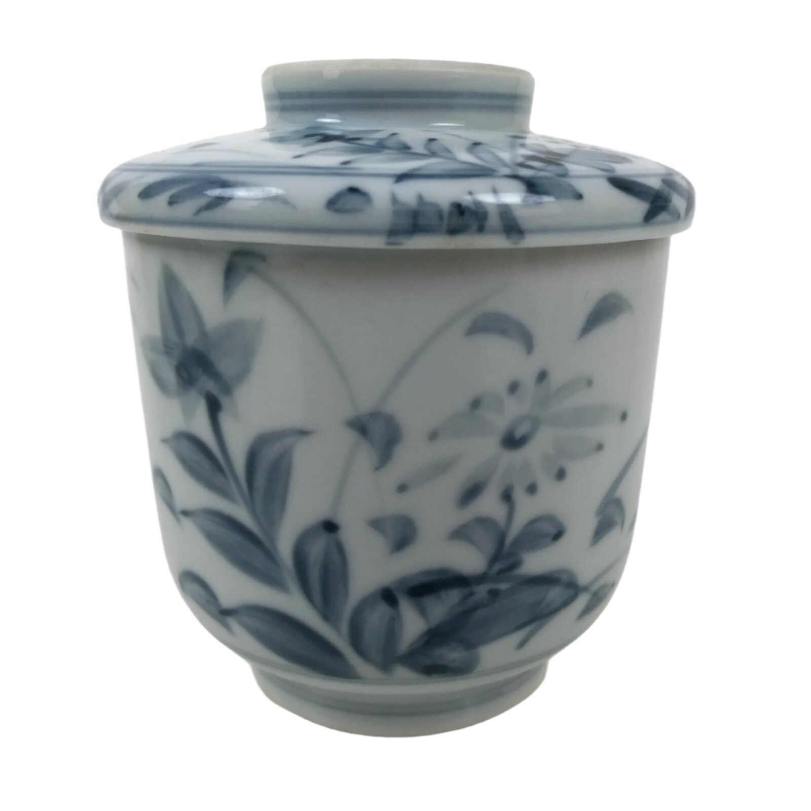 Japanese Ceramic Lidded Teacup Vtg Sometsuke Autumn Flowers Blue White TC569