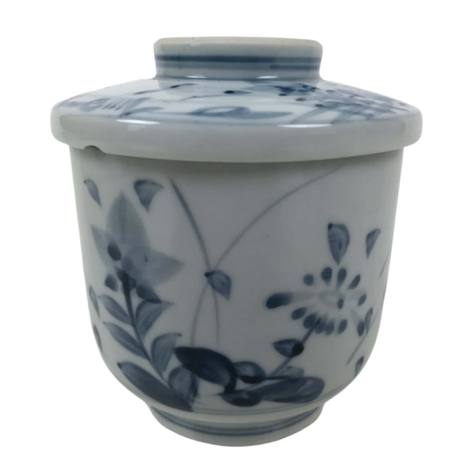 Japanese Ceramic Lidded Teacup Vtg Sometsuke Autumn Flowers Blue White TC570
