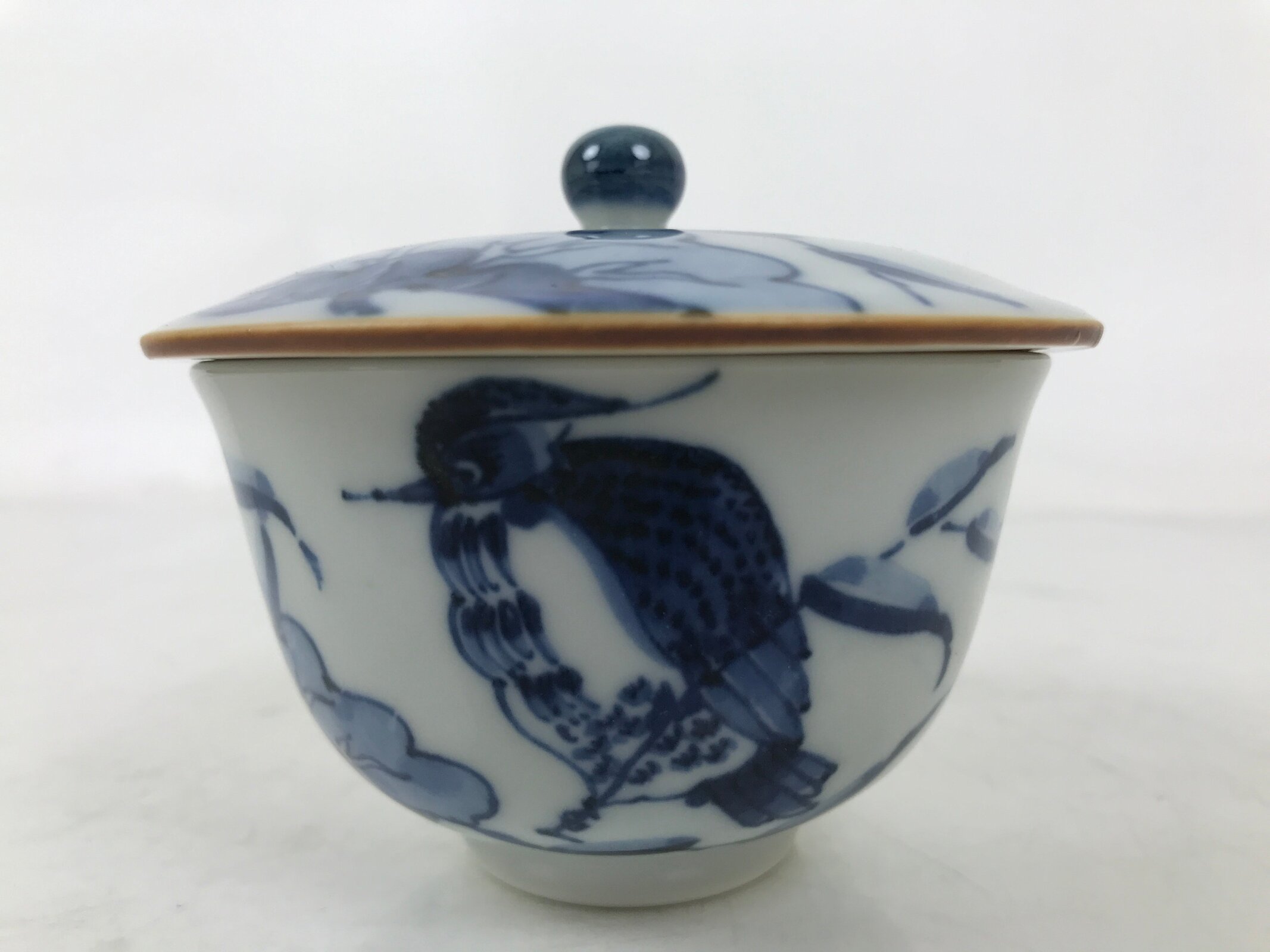 Japanese Ceramic Lidded Teacup Vtg Sometsuke Bird Tree Blue White TC577