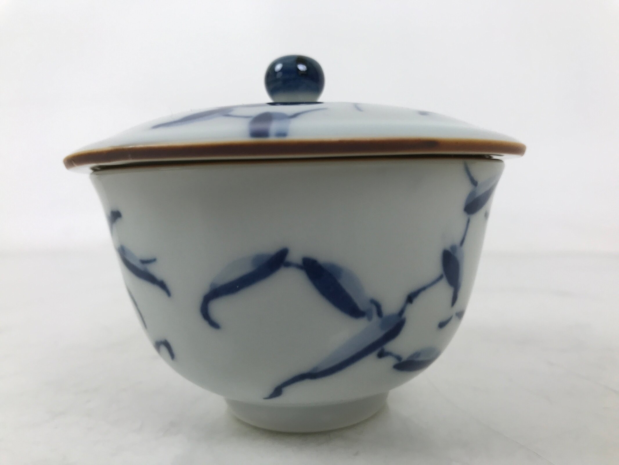 Japanese Ceramic Lidded Teacup Vtg Sometsuke Bird Tree Blue White TC577