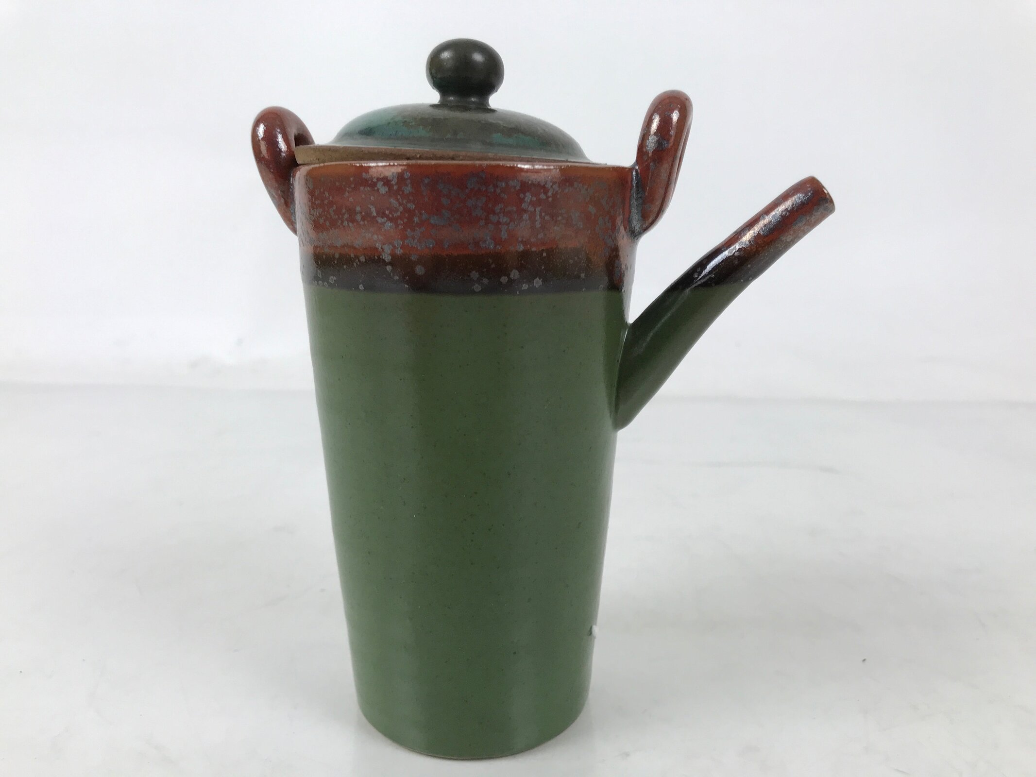 Japanese Ceramic Lidded Teapot Vtg Tall Small Pot Green Brown Black Decor Y409