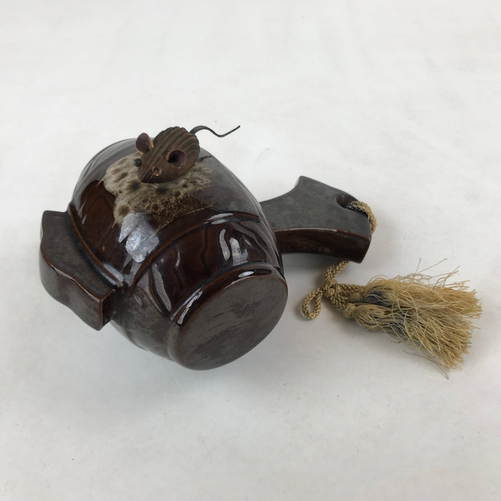 Japanese Ceramic Lucky Hammer Zodiac Still Bank Vtg Mouse Wood Brown JK658