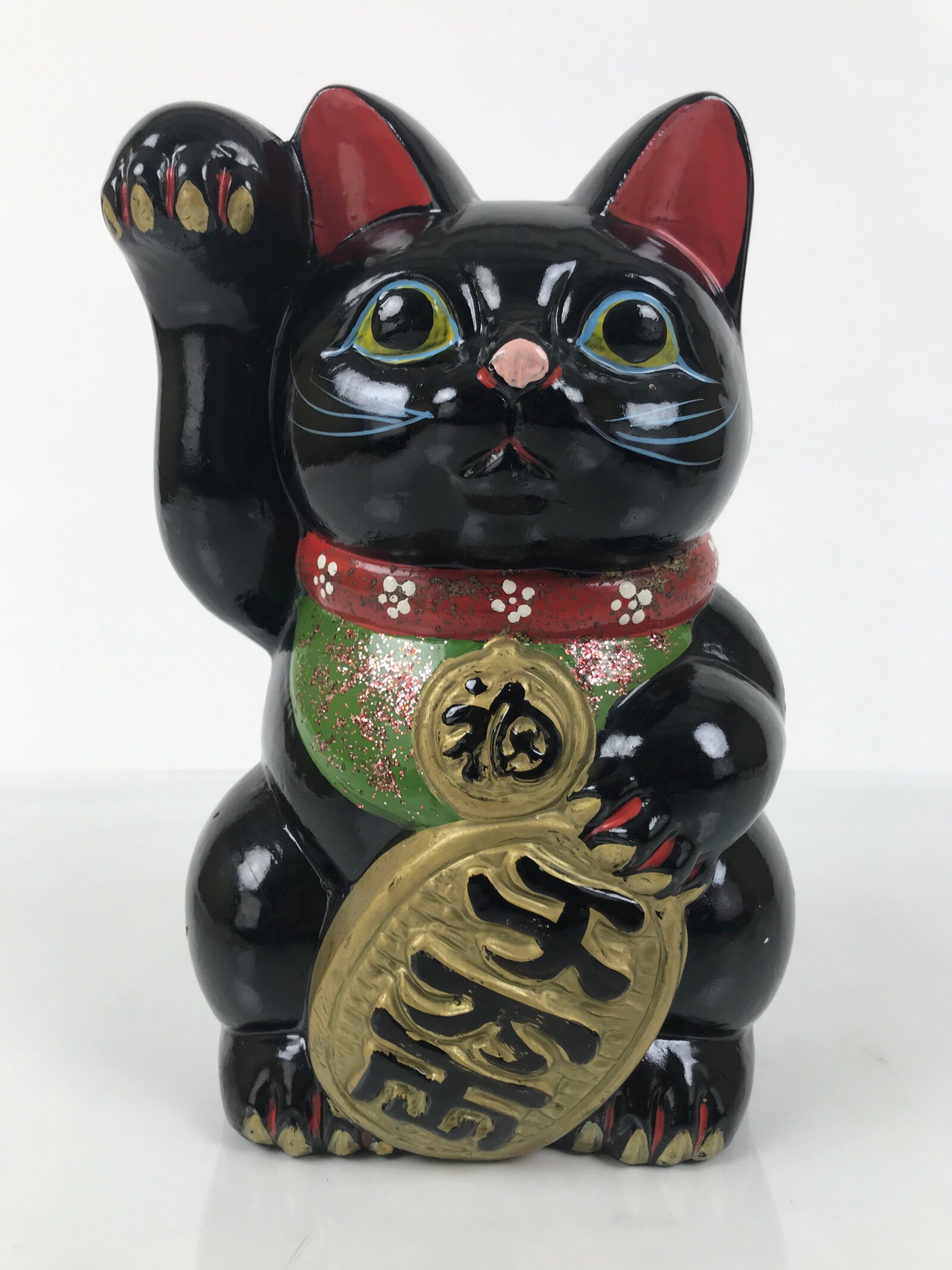 Japanese Ceramic Maneki Neko Cat Piggy Bank Vtg Chokin Bako Black Luck ST87